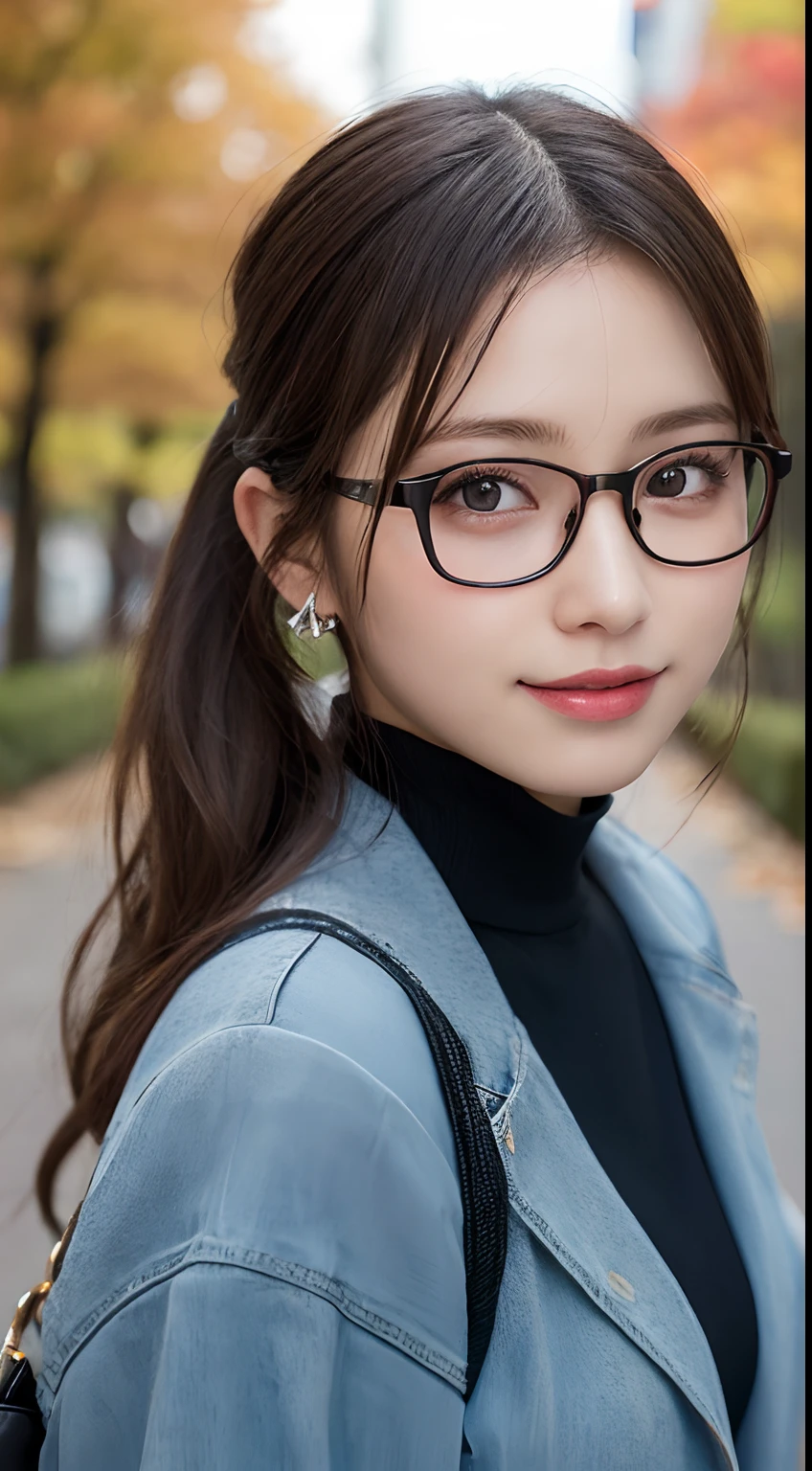 masutepiece, Best Quality, Illustration, Ultra-detailed, finely detail, hight resolution, 8K Wallpaper, Perfect dynamic composition, Beautiful detailed eyes, Women's Fashion Autumn,Medium Hair,Small breasts natural color lip,,Harajuku、20 years girl、Cute、Sexy shot looking at camera、autumnal、Wood Bright、Transparency、Gentle smile、Ponytail hair、Black-rimmed glasses