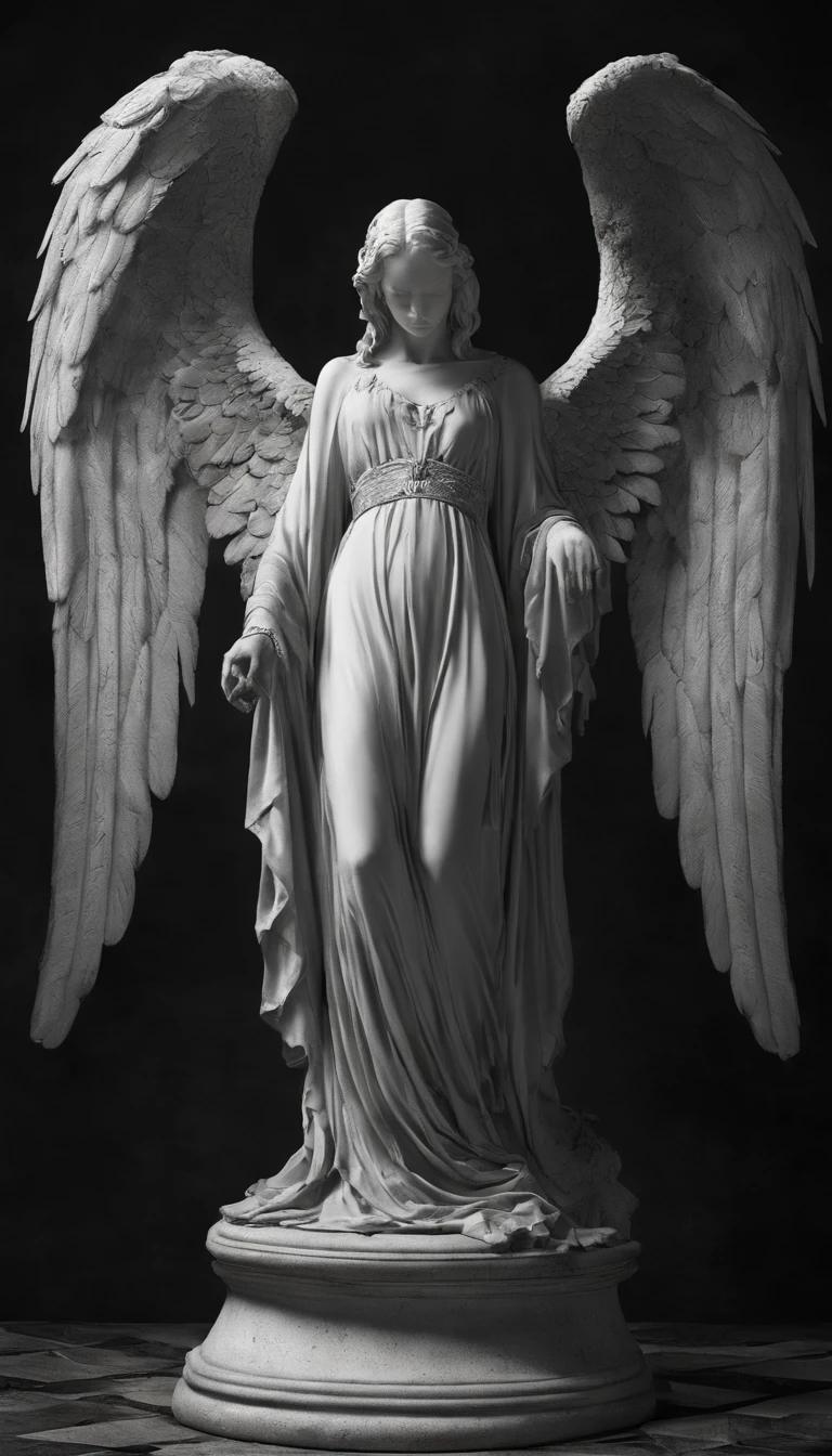 A stone statue of a female angel,s the perfect face,The angel has a pair of wings on his back,Wearing a robe,Stand on a circular stone platform,In the church,There are a lot of lit candles at your feet,There was blood on the robe,There was blood on the ground,The angel shed tears of blood