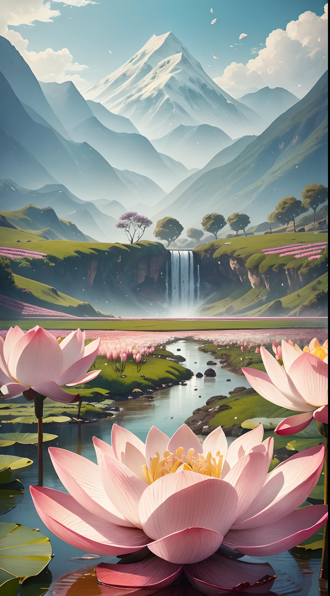 (Composition, Illustration, wide-shot) wide-shot, A lotus flower blooming((pure, one blossom)) in a field, ancient china, rivers mountains plum blossom petals in the background, camera focused on the flower, beautiful, elegant, super intricate, ultra detailed, best quality, 8k uhd, high resolution