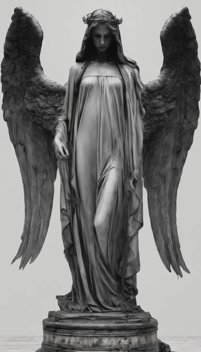 (masterpiece,  best quality),  intricate details,  weeping angel statue made of white marble,  (white marble:1.2),  outside,  dark forest,  night