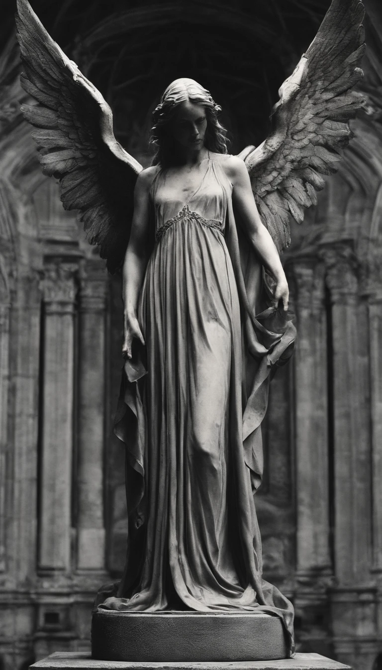 A stone statue of a female angel，s the perfect face，The angel has a pair of wings on his back，Wearing a robe，Stand on a circular stone platform，In the church，There are a lot of lit candles at your feet，There was blood on the robe，There was blood on the ground，The angel shed tears of blood