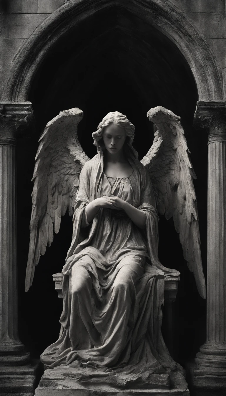 A stone statue of a female angel，s the perfect face，The angel has a pair of wings on his back，Wearing a robe，Stand on a circular stone platform，In the church，There are a lot of lit candles at your feet，There was blood on the robe，There was blood on the ground，The angel shed tears of blood