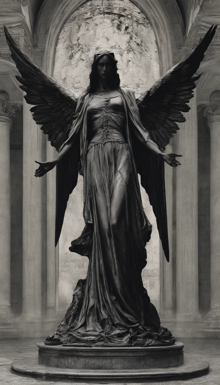 A stone statue of a female angel,s the perfect face,The angel has a pair of wings on his back,Wearing a robe,Stand on a circular stone platform,In the church,There are a lot of lit candles at your feet,There was blood on the robe,There was blood on the ground,The angel shed tears of blood