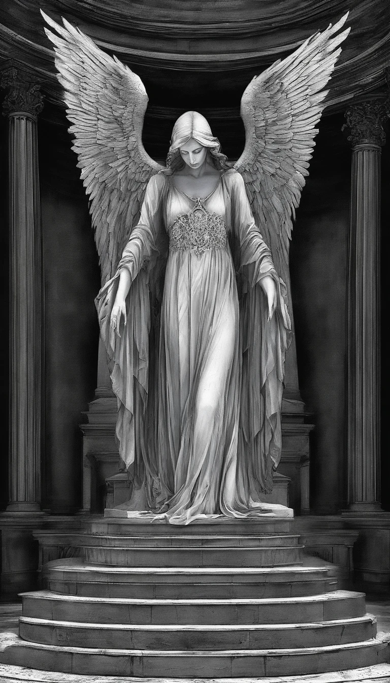A stone statue of a female angel,s the perfect face,The angel has a pair of wings on his back,Wearing a robe,Stand on a circular stone platform,In the church,There are a lot of lit candles at your feet,There was blood on the robe,There was blood on the ground,The angel shed tears of blood