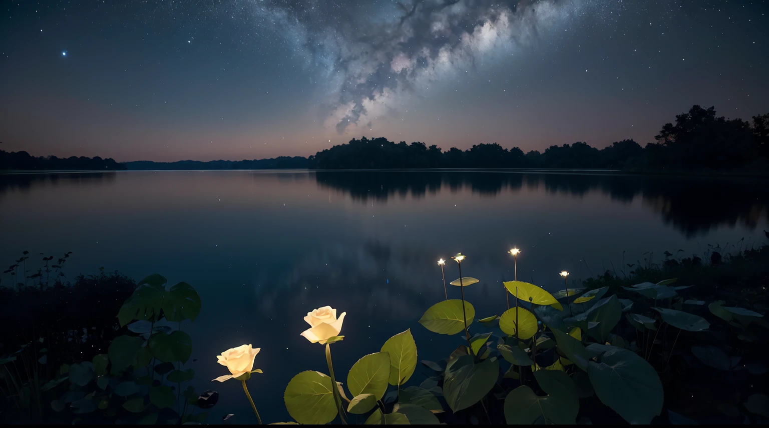 **Blue rose sky, rose palace, many small fireflies, clear lake surface, many aquatic plants, many meteors, many small luminous particles, live shot, real scene, lifelike, stars 8K, super wide angle, panorama, 3D, ultra-high definition, high pixel, Mar Adamus HD landscape photography HD