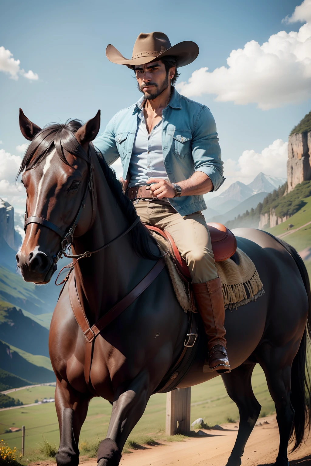 A Brazilian man in a cattleman's hat rides his black horse, In a mountain setting, He's wearing a choir jacket , jeans and boots, He looks confident and is very handsome, o dia esta lindo e com muitas nuvens