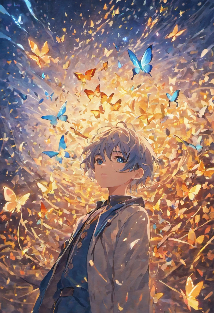 Blue delicate eyes, with a determined look in his eyes,Purse your lips,Eccentricity,high and cold,Silent,Libido boy,blue short hair,The background is blue sky and white clouds,illumination,Particle,Spiral staircase orange Australian butterfly,Raise your hand to interact with the butterflies,A butterfly rests on his hand,A sense of time and space,Singing melody