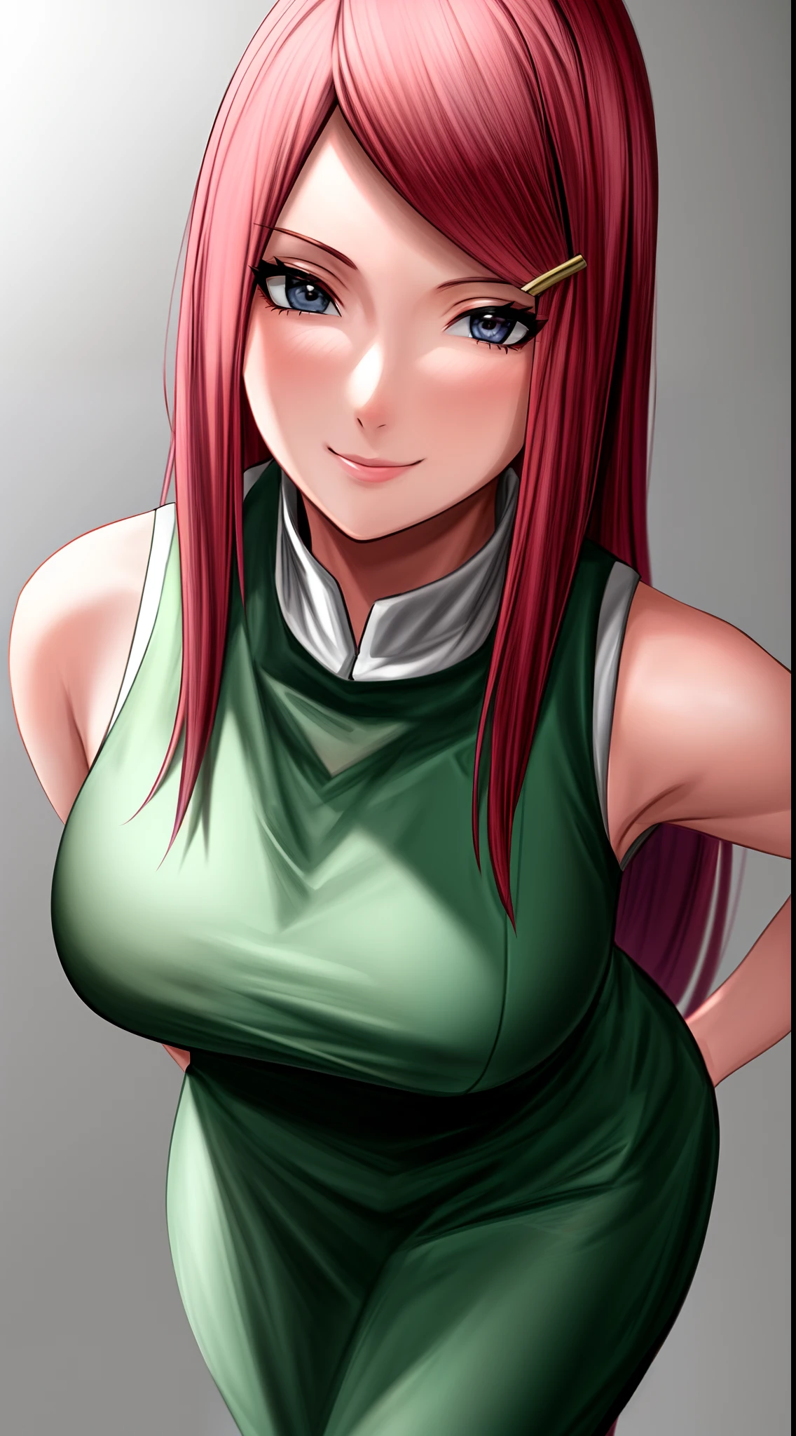 uzumaki_kushina, large_breasts, standing, solo, kushina_green_dress, masterpiece, best quality, detailed face, detailed eyes, highres, smile, (masterpiece:1.4, best quality:1.2), (Highres), (Detailed Illustration), Ultra-Detailed, konohagakure, uzumaki_kushina, kushina_green_dress, standing straight,