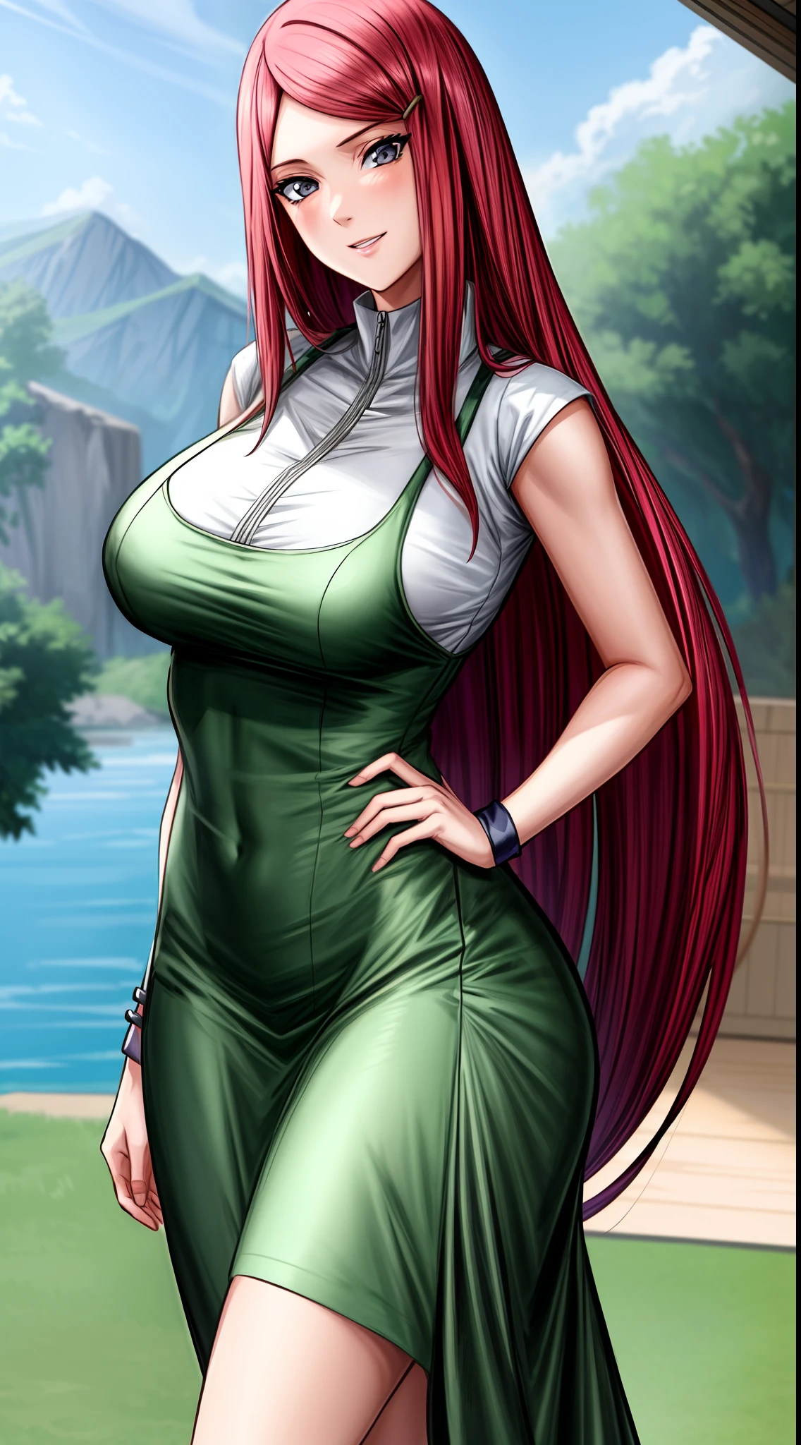 uzumaki_kushina, large_breasts, standing, solo, kushina_green_dress, masterpiece, best quality, detailed face, detailed eyes, highres, smile, (masterpiece:1.4, best quality:1.2), (Highres), (Detailed Illustration), Ultra-Detailed, konohagakure, uzumaki_kushina, kushina_green_dress, standing straight,