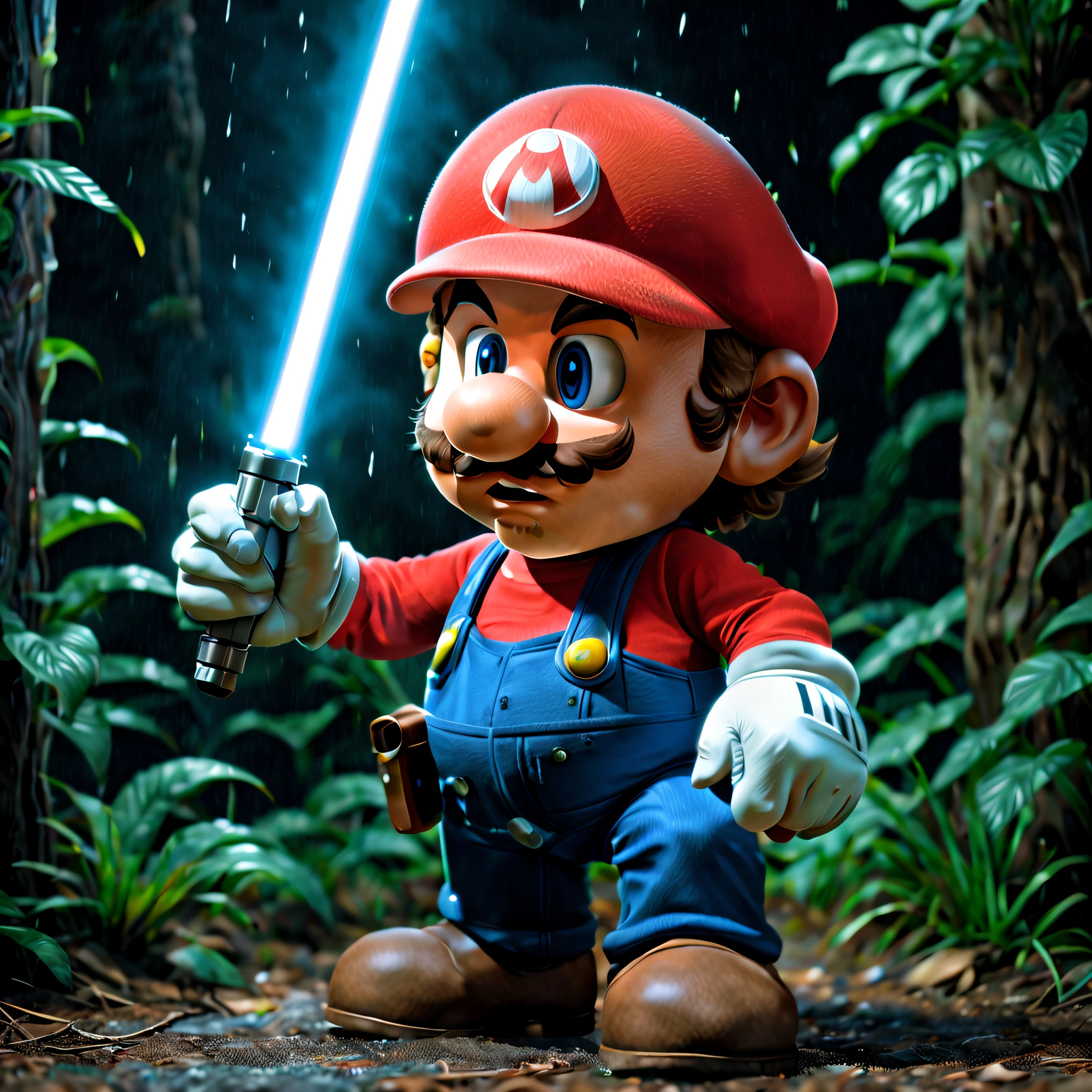 mantra, procedural generation, Nintendo gameplay, BREAK  A remake of the movie Star Wars IV A New hope, smb artstyle,  low wide shot, using light sabers on mouth,  after midnight, dark, illumination from light sabre.