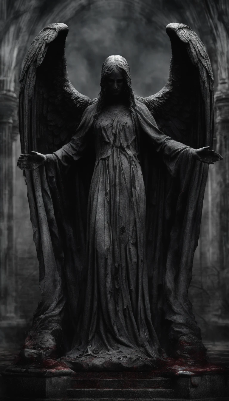 A stone statue of a female angel,s the perfect face,The angel has a pair of wings on his back,Wearing a robe,Stand on a circular stone platform,In the church,There are a lot of lit candles at your feet,There was blood on the robe,There was blood on the ground,The angel shed tears of blood