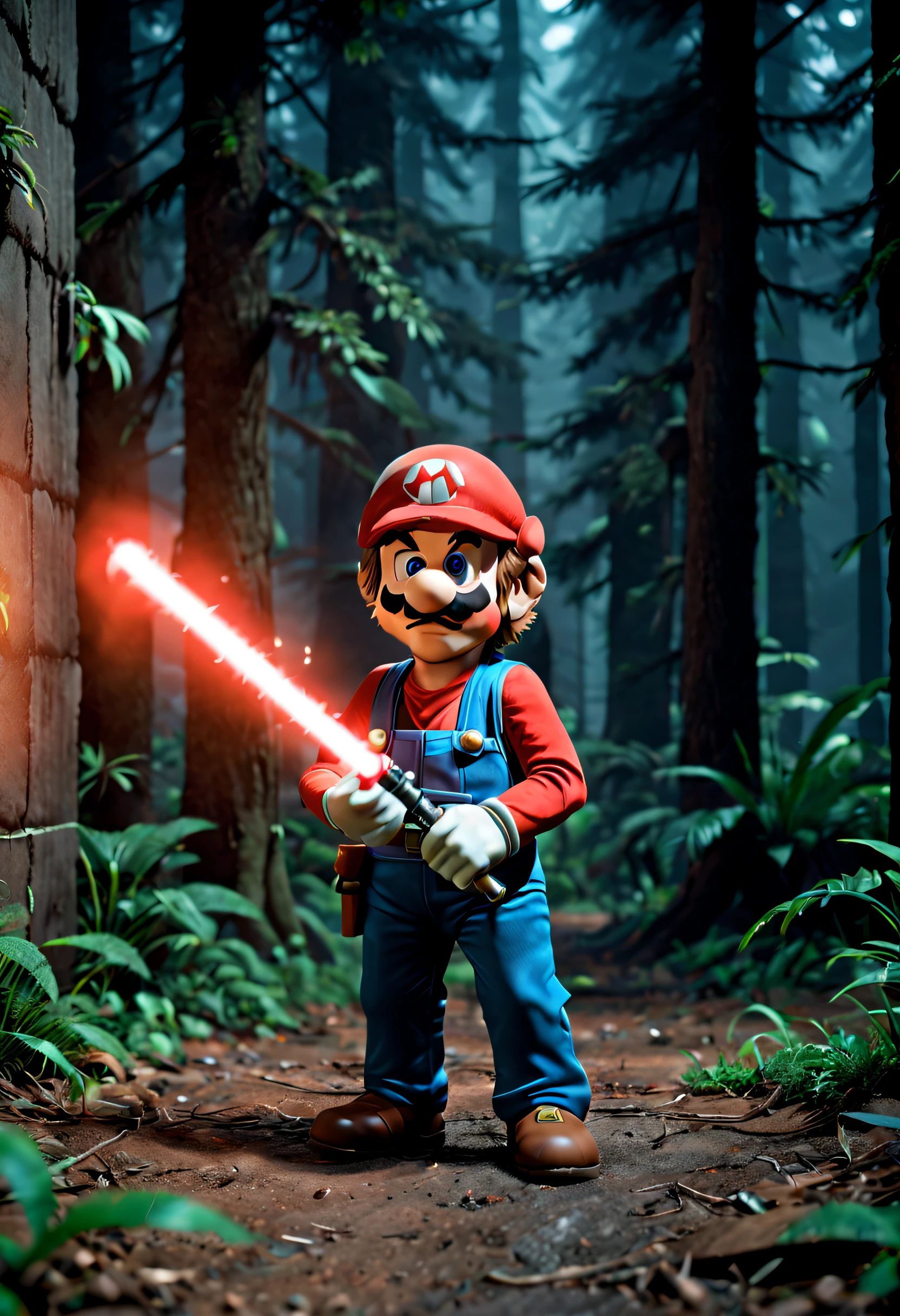 mantra, procedural generation, Nintendo gameplay, BREAK  A remake of the movie Star Wars IV A New hope, smb artstyle,  low wide shot, using light sabers on mouth,  after midnight, dark, illumination from light sabre.