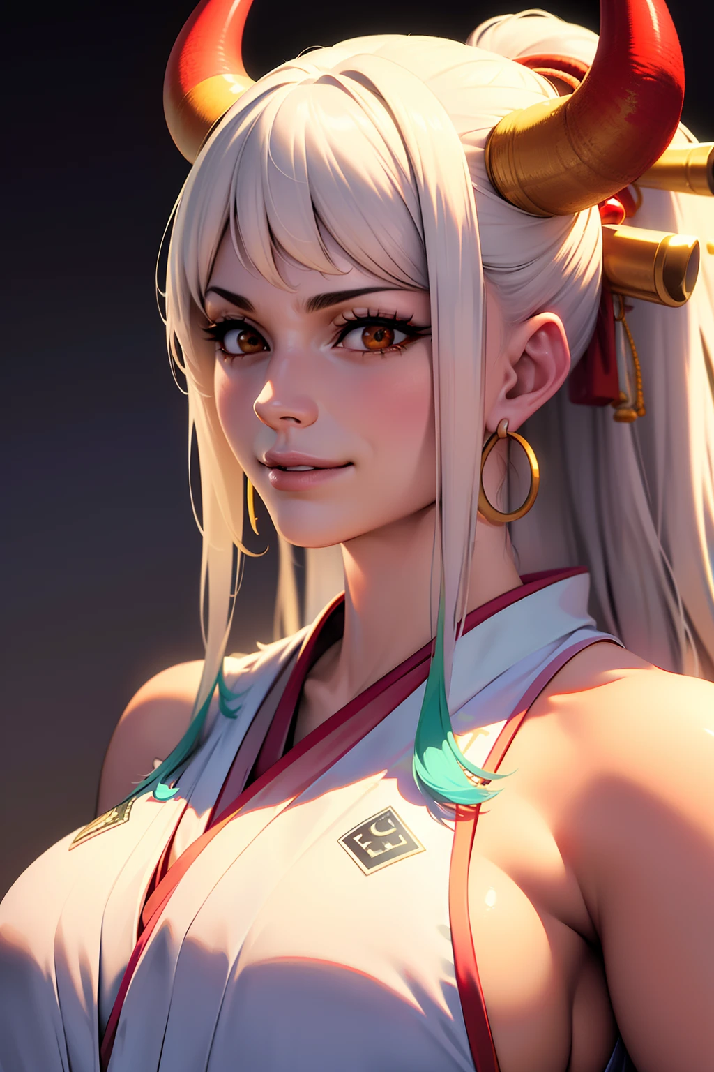 ultra realistic 8k cg, masterpiece, ((ultra detailed background, delicate pattern, intricate detail)), (highly detailed, fine details), best quality, (photorealistic:1.4),beautiful lighting,  absurdres, RAW photo, film grain, ((Big breasts, Masculine girl)), Yamato, long hair, 1girl, horns, white hair, solo, oni, red horns, curled horns, hair ornament, (multicolored horns), jewelry, earrings, japanese clothes, kimono, hair stick, sleeveless, bare shoulders, aqua hair, sidelocks, hoop earrings, hakama, smile, wide smile, ((orange eyes, Masculine girl, Big breasts)), (complex detailed background, barren land, moon, portrait, close-up),