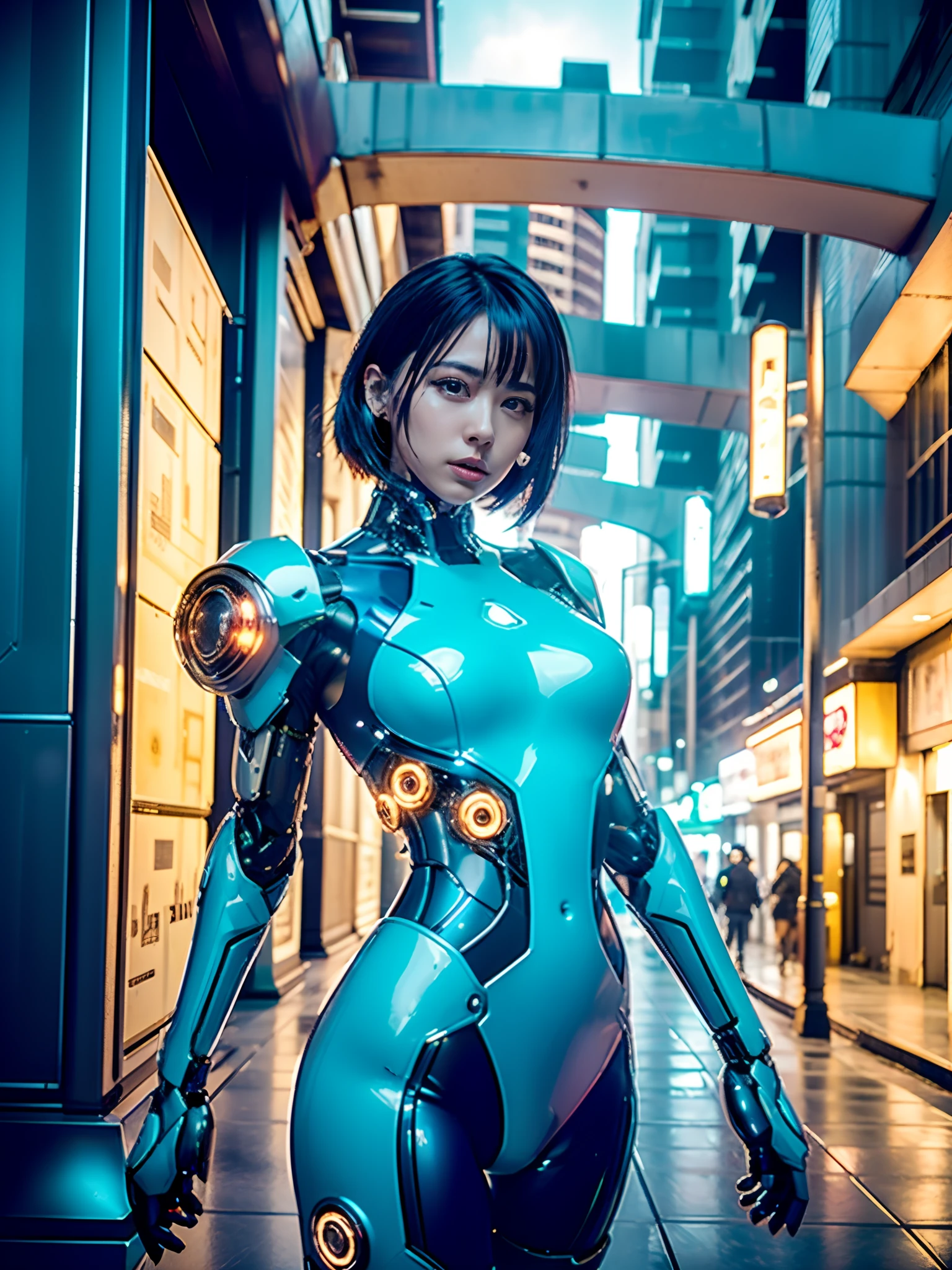 <(photorealistic:1.4), (extremely intricate:1.2)>, <(exquisitely detailed skin), cinematic light, ultra high res, 8k uhd, intricate details, Movie Light, film grain, dreamlike, best shadow, delicate, RAW>, 1girl, solo, Japanese girl, (((cyborg:1.4))), cyborg girl, cyborg armor, cyborg clothing, beautiful detailed eyes, finely detail, bright pupils, turquoise eyes, full body, large breasts:0.2, (((floating hair))), looking at viewer, pov, female focus, puffy eyes, short hair, bob hair, air bangs, dynamic pose, dynamic angle, close-up, fighting stance, fighting pose, run forward, running,(((golden metallic color | red metallic color | blue metallic color))),(((Metallic luster, metal reflective, mechanical details, extremely mechanical details, complex mechanical structure))), (((Mirrored Power Armor))), defeated, corpse, bleed, battlefield, mechanized background, giant robot in the background, outdoors, cinematic lighting, Cyberpunk world. Cyberpunk metropolis, neon, Sci-fi style, sfw:1.98,