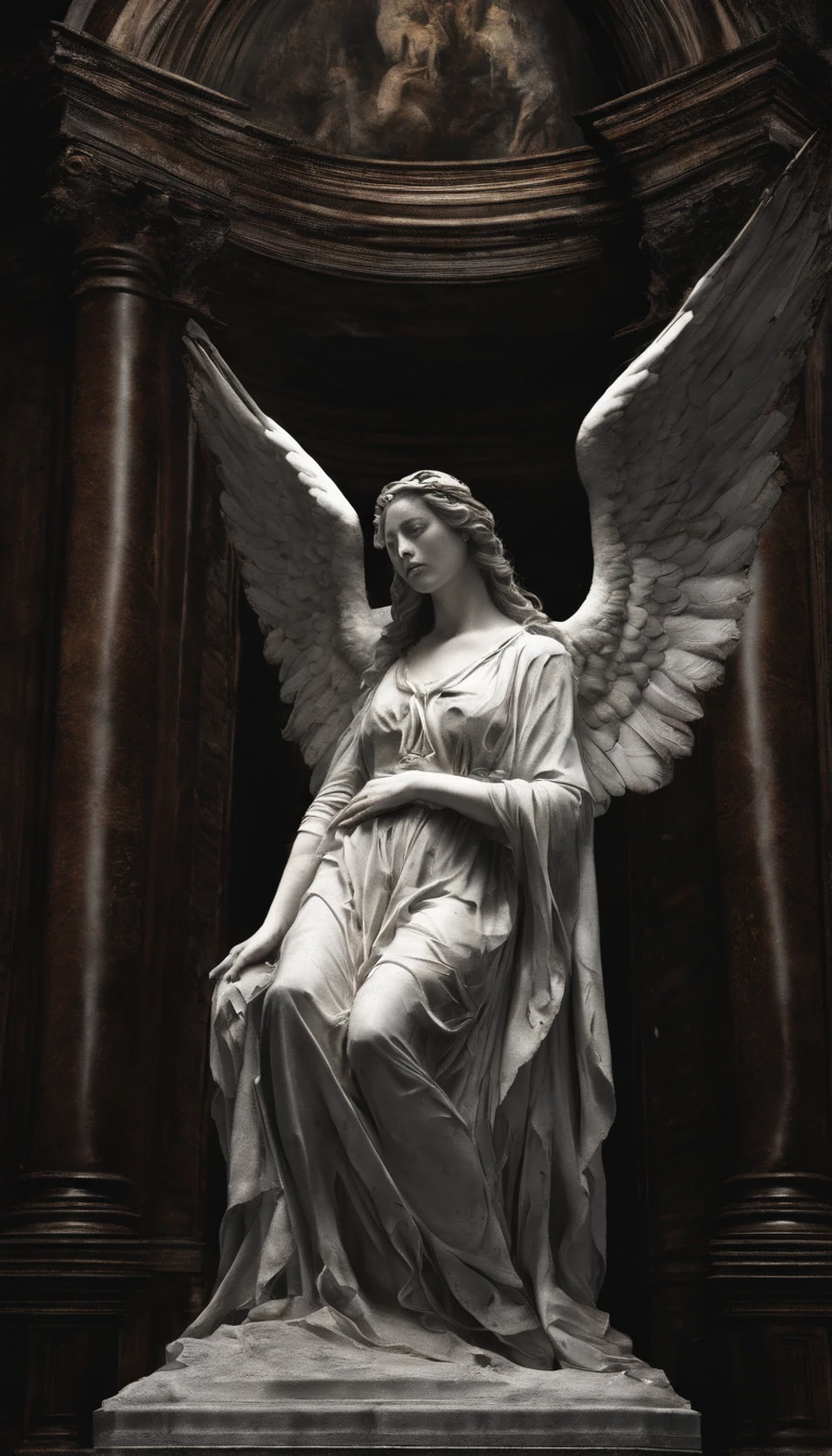 (best quality,4k,8k,highres,masterpiece:1.2),ultra-detailed,(realistic,photorealistic,photo-realistic:1.37),a female angelic statue with a flawless face,exquisite facial features,perfect detailed eyes,luscious lips,angelic wings spreading wide from her back,standing on a circular stone pedestal,in the atmosphere of a church,illuminated by numerous lit candles placed at her feet,wearing a flowing robe,stained with blood,stains of blood also present on the ground,teardrops of blood streaming down the angel's face.