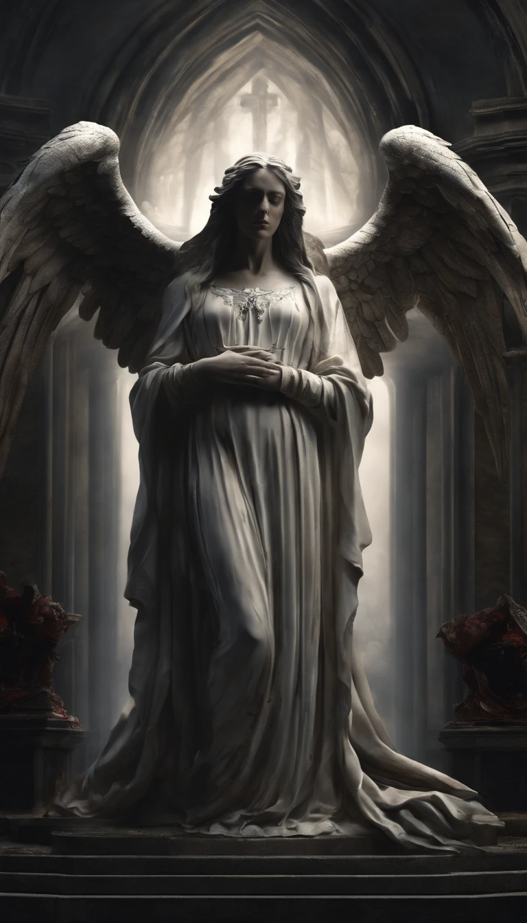 (best quality,4k,8k,highres,masterpiece:1.2),ultra-detailed,(realistic,photorealistic,photo-realistic:1.37),a female angelic statue with a flawless face,exquisite facial features,perfect detailed eyes,luscious lips,angelic wings spreading wide from her back,standing on a circular stone pedestal,in the atmosphere of a church,illuminated by numerous lit candles placed at her feet,wearing a flowing robe,stained with blood,stains of blood also present on the ground,teardrops of blood streaming down the angel's face.