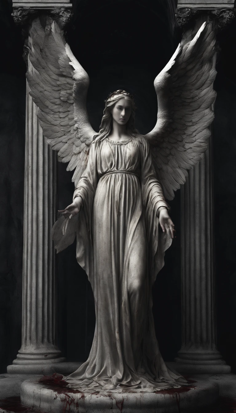 (best quality,4k,8k,highres,masterpiece:1.2),ultra-detailed,(realistic,photorealistic,photo-realistic:1.37),a female angelic statue with a flawless face,exquisite facial features,perfect detailed eyes,luscious lips,angelic wings spreading wide from her back,standing on a circular stone pedestal,in the atmosphere of a church,illuminated by numerous lit candles placed at her feet,wearing a flowing robe,stained with blood,stains of blood also present on the ground,teardrops of blood streaming down the angel's face.