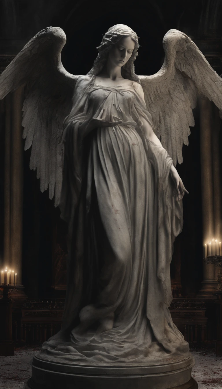(best quality,4k,8k,highres,masterpiece:1.2),ultra-detailed,(realistic,photorealistic,photo-realistic:1.37),a female angelic statue with a flawless face,exquisite facial features,perfect detailed eyes,luscious lips,angelic wings spreading wide from her back,standing on a circular stone pedestal,in the atmosphere of a church,illuminated by numerous lit candles placed at her feet,wearing a flowing robe,stained with blood,stains of blood also present on the ground,teardrops of blood streaming down the angel's face.