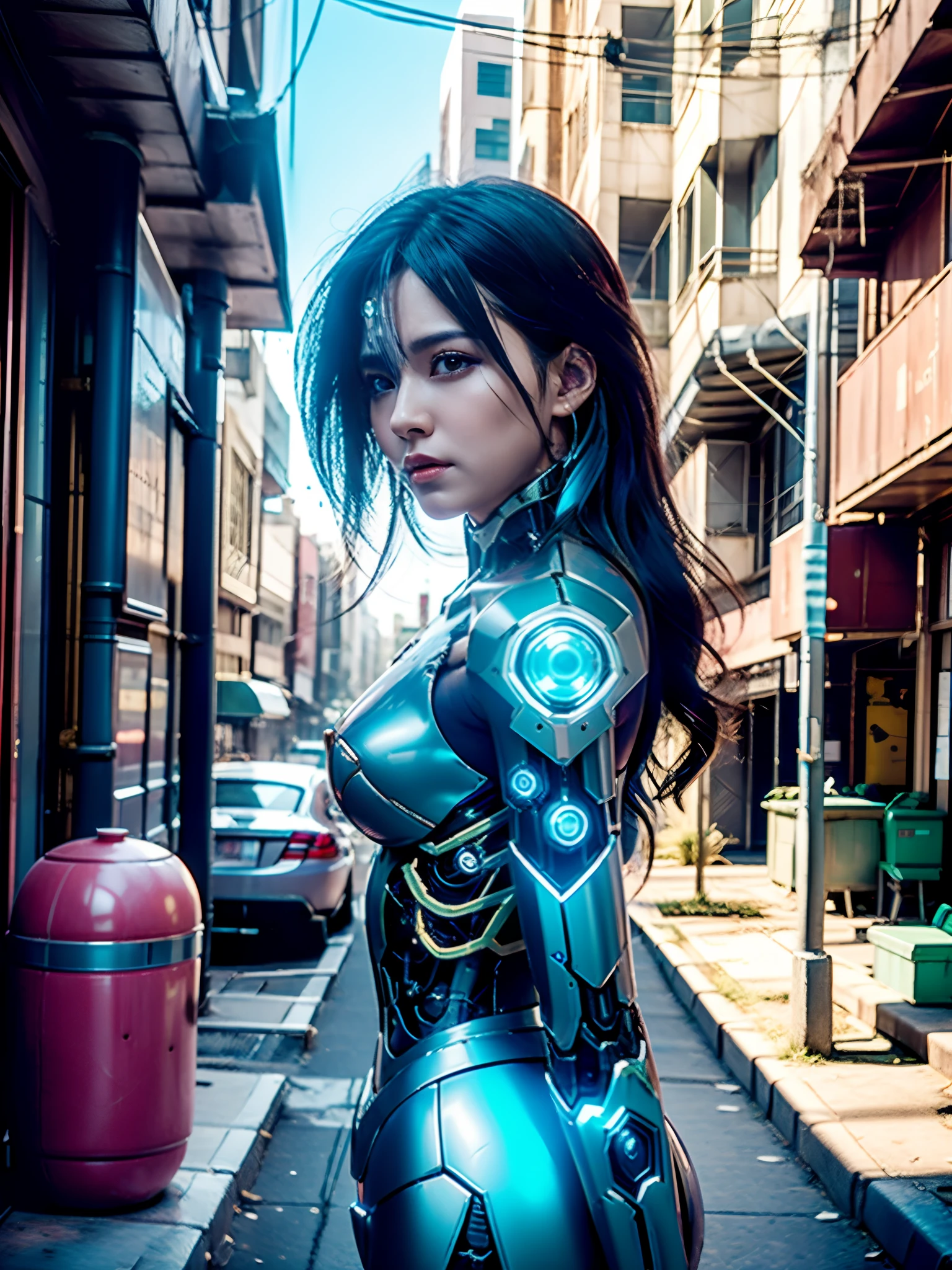 Cybernetic woman with a gun in a futuristic city, girl in mecha cyber armor, Cyberpunk anime chica mech, Hermosa chica blanca cyborg, linda chica cyborg, Chica femenina de anime cyberpunk, Chica cyborg, Hermosa chica cyborg, Cyborg - Chica con cabello blanco, Arte digital cyberpunk, Chica de cyberpunk, Cyberpunk hermosa diosa, WLOP. Scifi,partes de robot ,muy real futurista apariencia ,