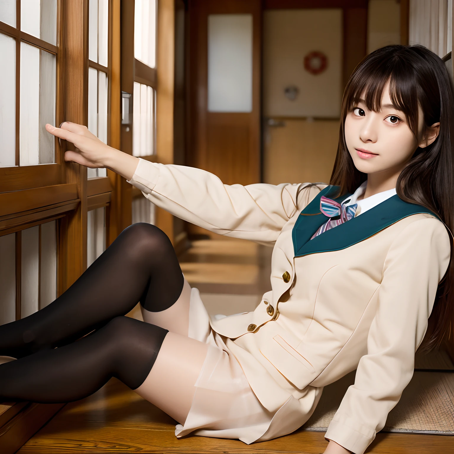 ulzzang-6500-v1.1, (raw photo:1.2), (photorealistic:1.4), beautiful detailed girl, very detailed eyes and face, beautiful detailed eyes, ridiculous, incredibly ridiculous, huge file size, super detailed, high resolution, very detailed, best quality, masterpiece, kemomimi, ((Japanese girls' high school uniform)), illustration, very detailed, CG, unified, 8k wallpaper, amazing, Fine details, masterpiece, best quality, very detailed CG uniform 8k wallpaper, light on face, cinematic lighting, 1girl, 16 years old, ((no panties)), ((dynamic pose))), (camel toe), (half), (pantyhose), (knee-bending leg sitting))