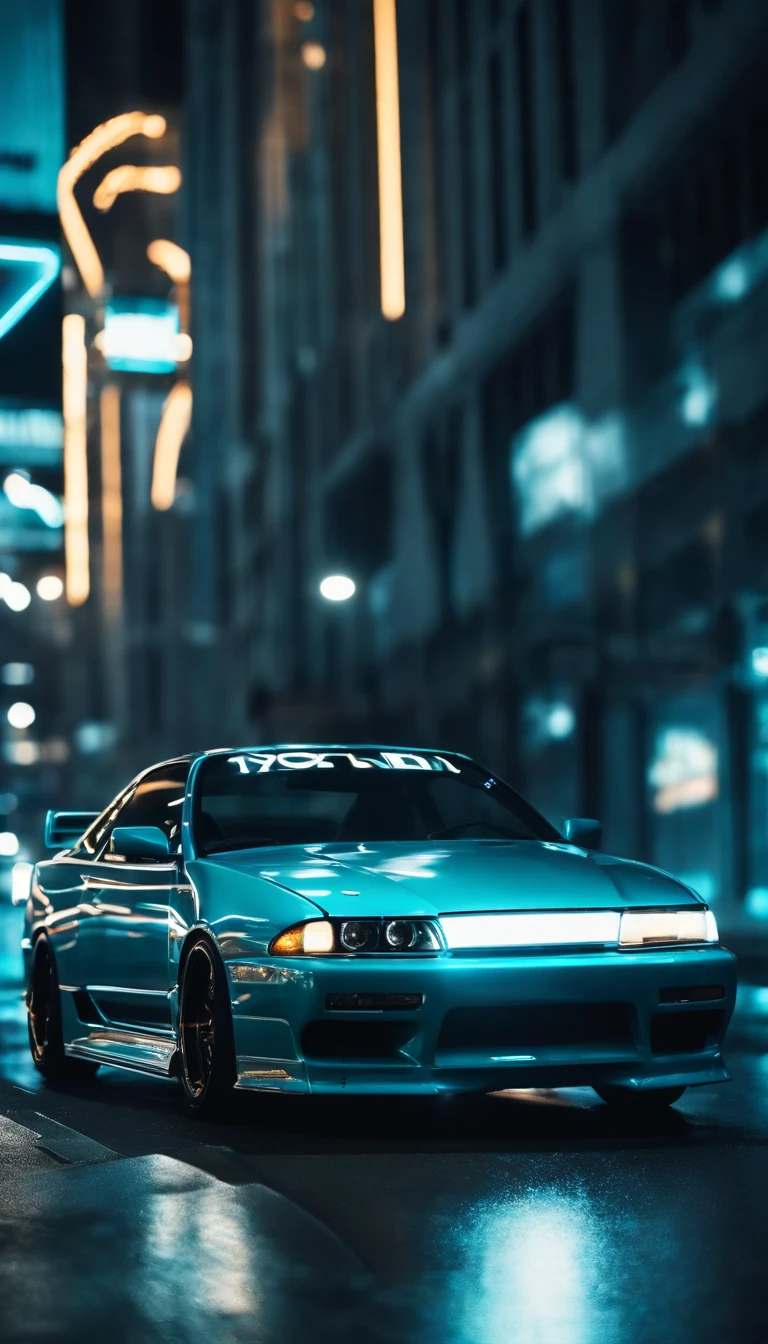 A 1999 Nissan Silver R33 lowered wide body, car body molded as if it was in the movie Tron legacy, Blue LED strips light up all the body lines of the car, night city background, motion blur, a close up of a car with a glowing blue stripe on the hood, tron, glowing neon vray, cyan headlights, black and cyan color scheme, futuristic neon, cyan lightning, black neon lights, teal neon lights, colors of tron legacy, stylized neon, dark neon lighting, light cyan, neon dark lighting, neon-noir background