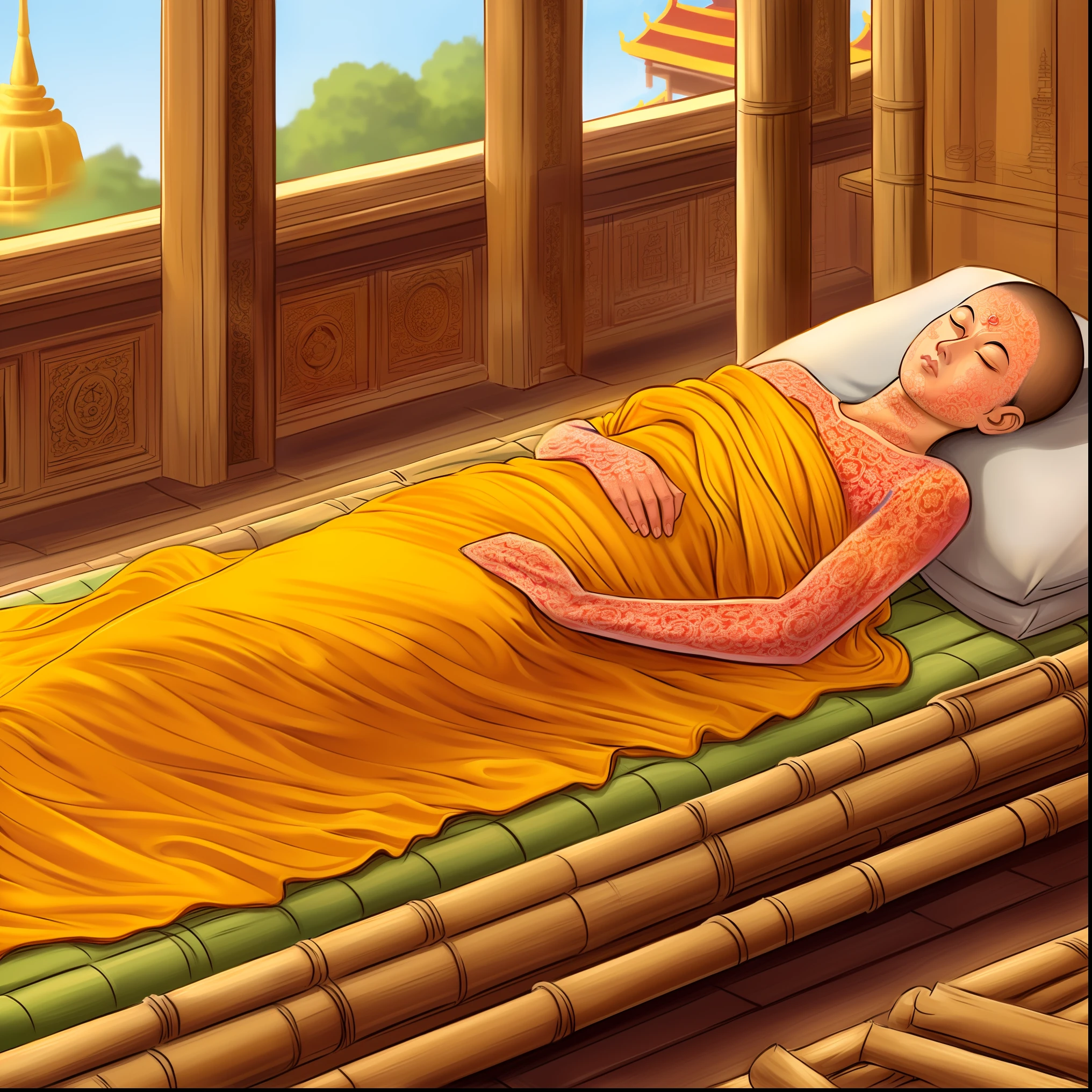 there is a man laying on a bed with a yellow robe, samsara, an exhausted deity, buddhism, buddhist monk meditating, buddhist monk, monk clothes, buddhist, contented female bodhisattva, monk meditate, a beautiful artwork illustration, sleeping, monk, relaxing concept art, the buddha, illustration detailed, serene illustration, monk's robe