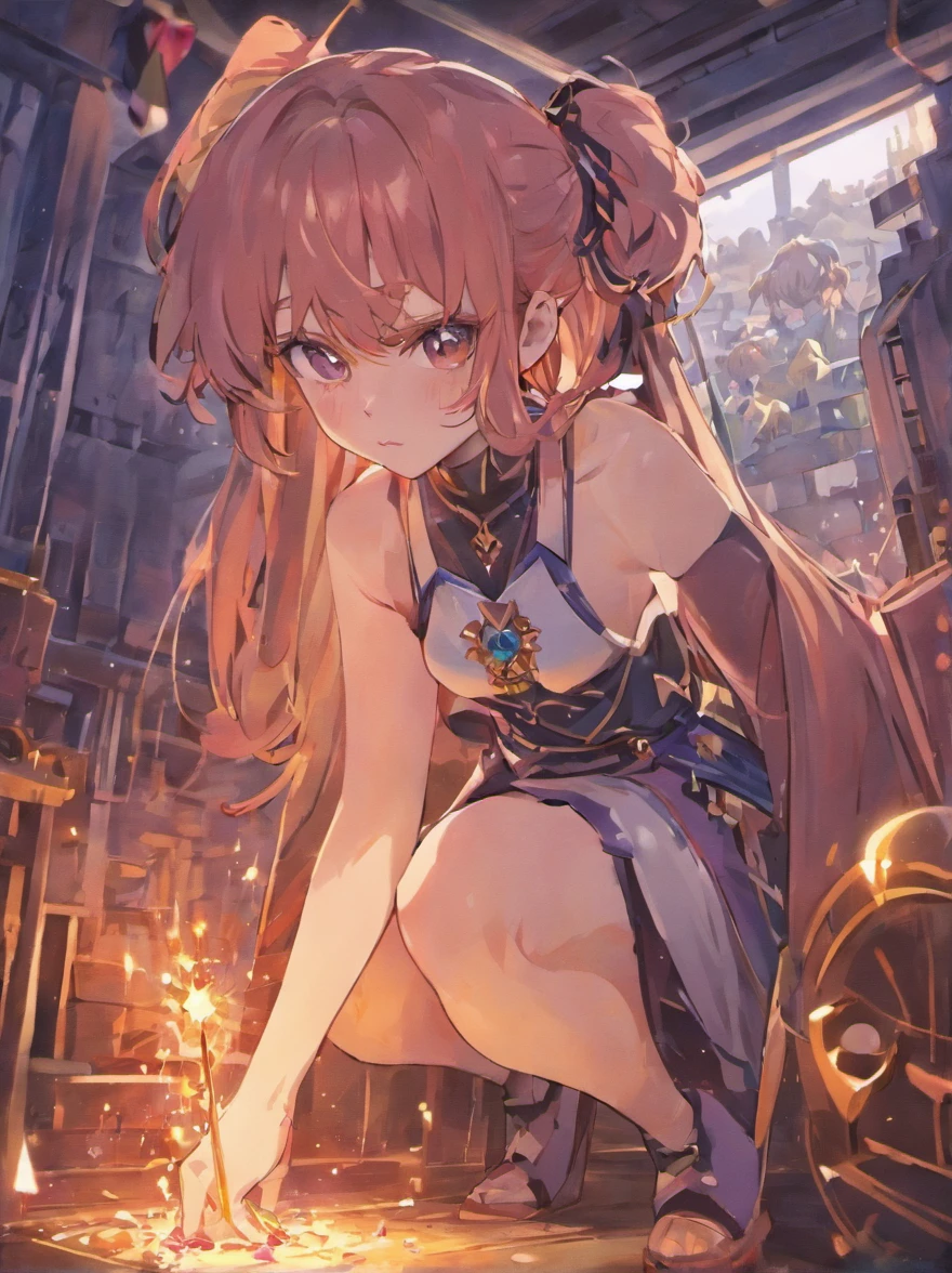 masterpiece, best quality, highres, ultra high res,anime,1 female,night,indoor,full body,black stockings,straight hair,long hair,details eyes,details lips,large breasts,slim waist,slim thighs，purple hair,hand on own chest,cum on breast,bra,breasts out,duck sitting,looking up,seductive smile,heart in eye