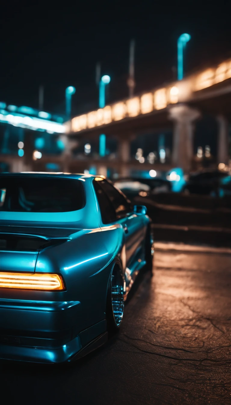 A 1999 Nissan Silver R33 lowered wide body, car body molded as if it was in the movie Tron legacy, Blue LED strips light up all the body lines of the car, night city background, motion blur, a close up of a car with a glowing blue stripe on the hood, tron, glowing neon vray, cyan headlights, black and cyan color scheme, futuristic neon, cyan lightning, black neon lights, teal neon lights, colors of tron legacy, stylized neon, dark neon lighting, light cyan, neon dark lighting, neon-noir background