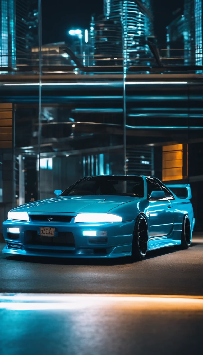 A 1999 Nissan Silver R33 lowered wide body,  car body molded as if it was in the movie Tron legacy, Blue LED strips light up all the body lines of the car, night city background, motion blur, a close up of a car with a glowing blue stripe on the hood, tron, glowing neon vray, cyan headlights, black and cyan color scheme, futuristic neon, cyan lightning, black neon lights, teal neon lights, colors of tron legacy, stylized neon, dark neon lighting, light cyan, neon dark lighting, neon-noir background