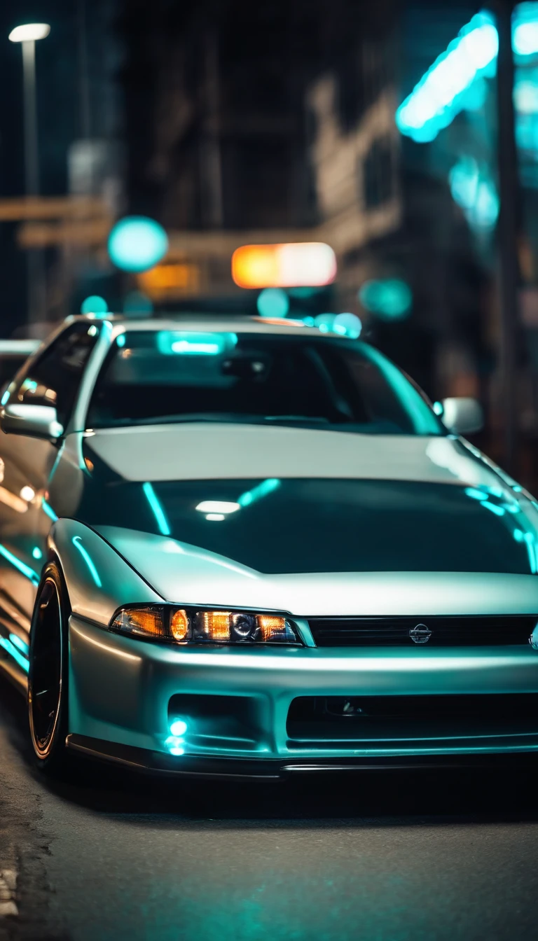 A 1999 Nissan Silver R33 lowered wide body, car body molded as if it was in the movie Tron legacy, Blue LED strips light up all the body lines of the car, night city background, motion blur, a close up of a car with a glowing blue stripe on the hood, tron, glowing neon vray, cyan headlights, black and cyan color scheme, futuristic neon, cyan lightning, black neon lights, teal neon lights, colors of tron legacy, stylized neon, dark neon lighting, light cyan, neon dark lighting, neon-noir background