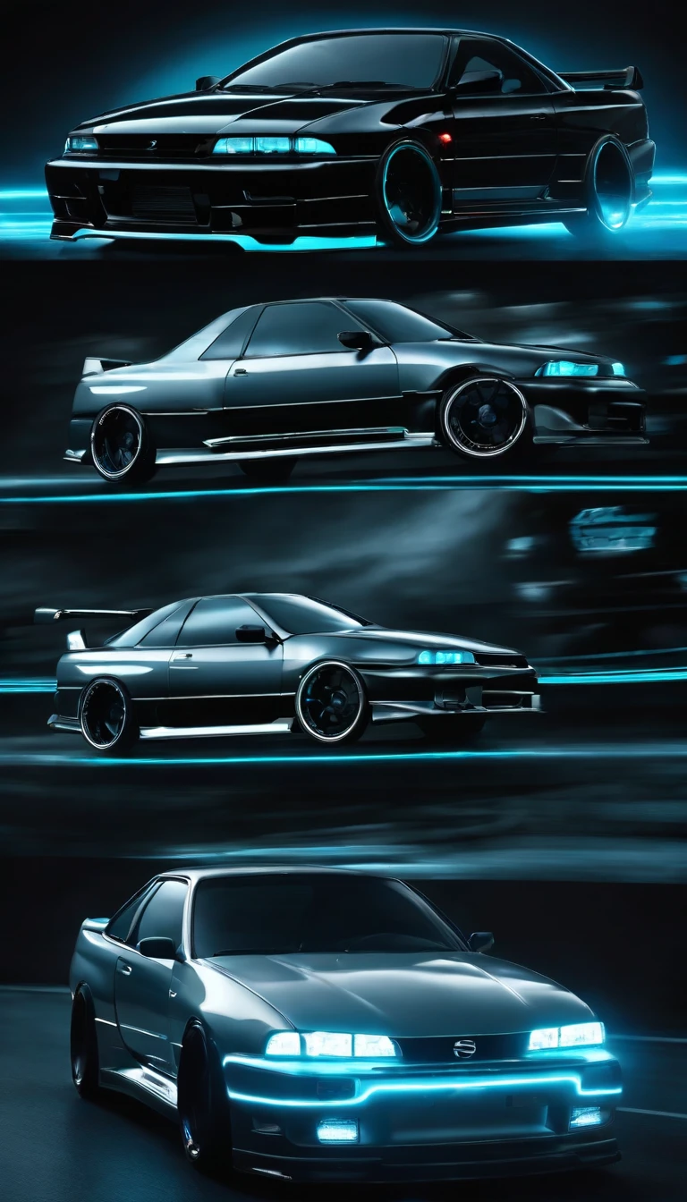 A 1999 Nissan Silver R33 lowered wide body,  car body molded as if it was in the movie Tron legacy, Blue LED strips light up all the body lines of the car, night city background, motion blur, a close up of a car with a glowing blue stripe on the hood, tron, glowing neon vray, cyan headlights, black and cyan color scheme, futuristic neon, cyan lightning, black neon lights, teal neon lights, colors of tron legacy, stylized neon, dark neon lighting, light cyan, neon dark lighting, neon-noir background