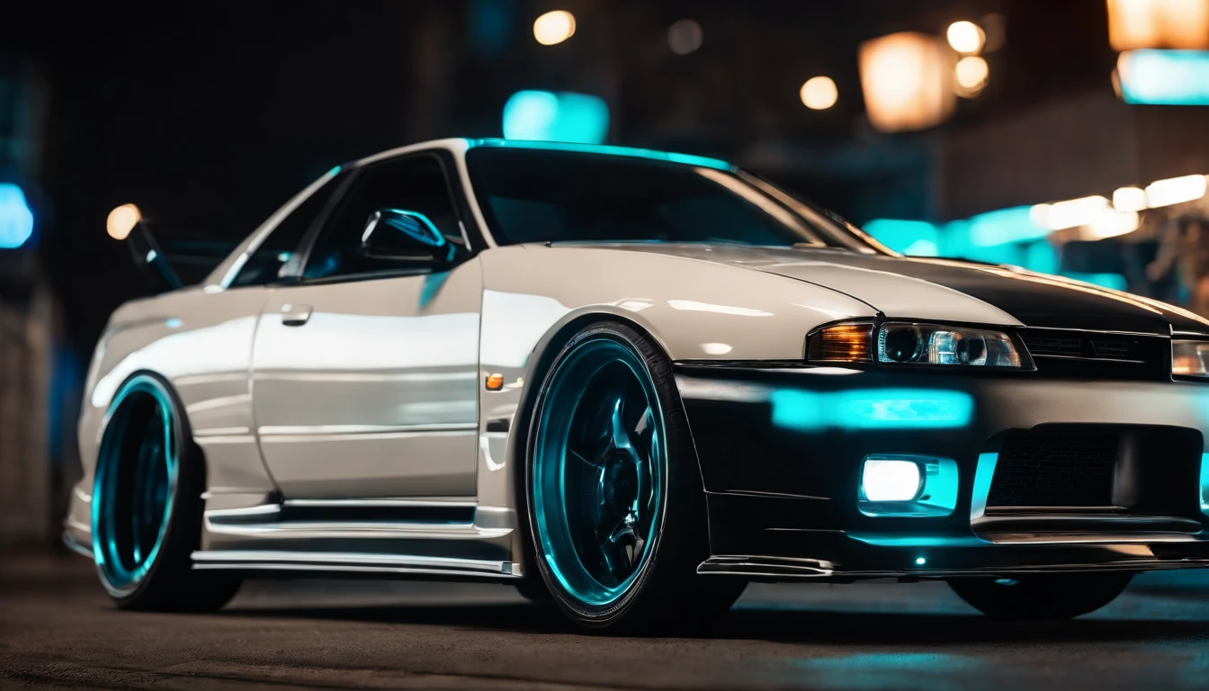 A 1999 Nissan Silver R33 lowered wide body,  car body molded as if it was in the movie Tron legacy, Blue LED strips light up all the body lines of the car, night city background, motion blur, a close up of a car with a glowing blue stripe on the hood, tron, glowing neon vray, cyan headlights, black and cyan color scheme, futuristic neon, cyan lightning, black neon lights, teal neon lights, colors of tron legacy, stylized neon, dark neon lighting, light cyan, neon dark lighting, neon-noir background