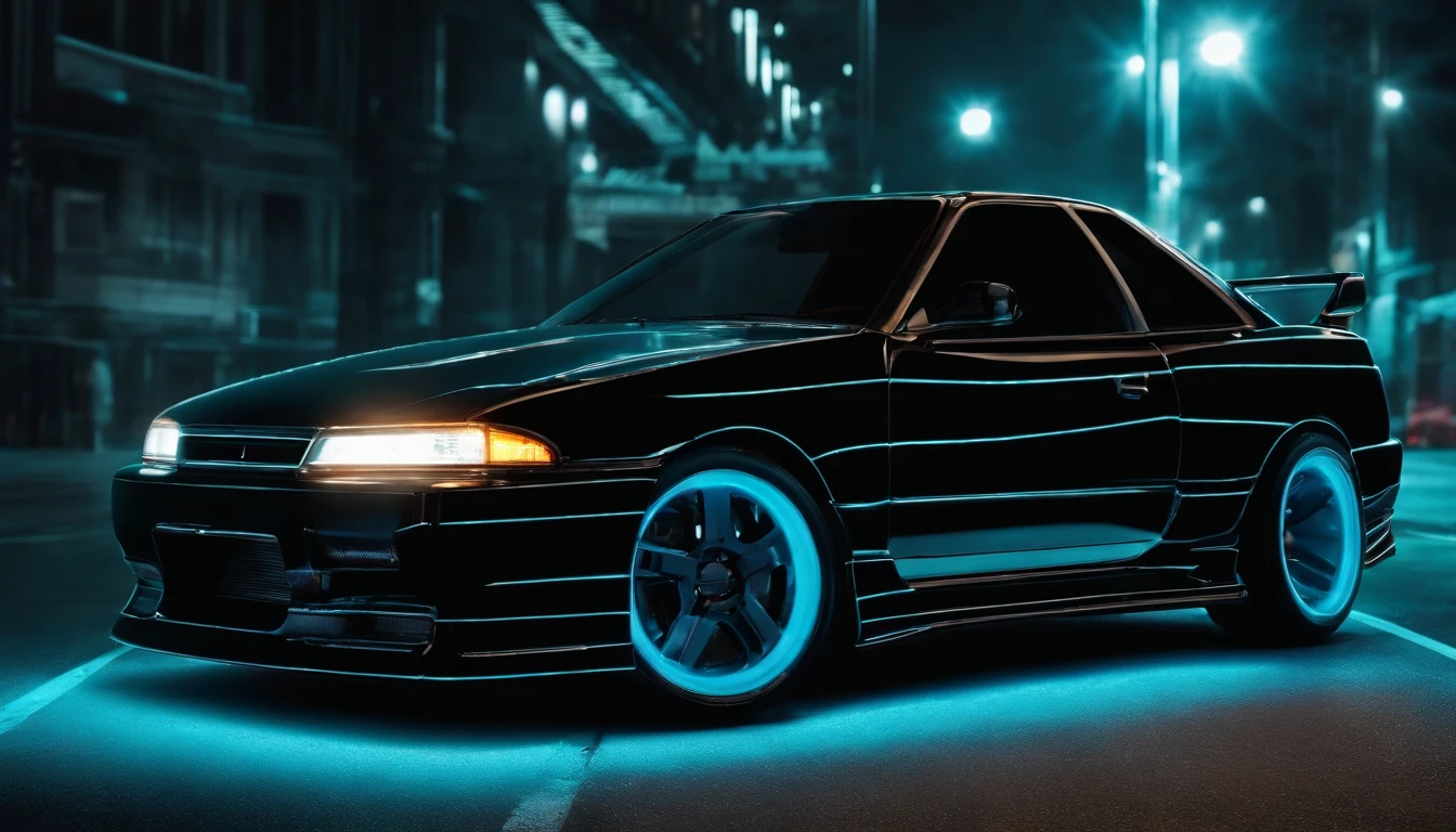 A 1999 Nissan Silver R33 lowered wide body,  car body molded as if it was in the movie Tron legacy, Blue LED strips light up all the body lines of the car, night city background, motion blur, a close up of a car with a glowing blue stripe on the hood, tron, glowing neon vray, cyan headlights, black and cyan color scheme, futuristic neon, cyan lightning, black neon lights, teal neon lights, colors of tron legacy, stylized neon, dark neon lighting, light cyan, neon dark lighting, neon-noir background