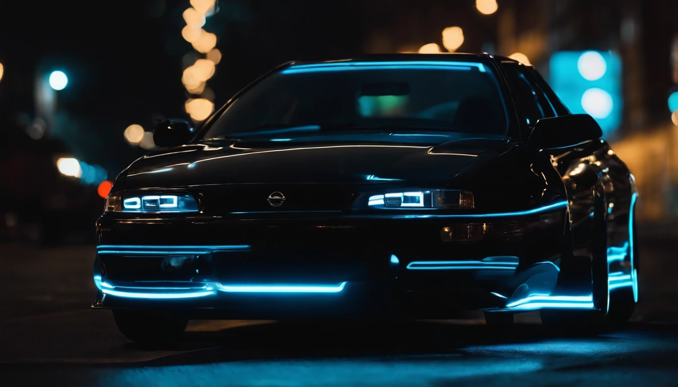 A 1999 Nissan Silver R33 lowered wide body,  car body molded as if it was in the movie Tron legacy, Blue LED strips light up all the body lines of the car, night city background, motion blur, a close up of a car with a glowing blue stripe on the hood, tron, glowing neon vray, cyan headlights, black and cyan color scheme, futuristic neon, cyan lightning, black neon lights, teal neon lights, colors of tron legacy, stylized neon, dark neon lighting, light cyan, neon dark lighting, neon-noir background