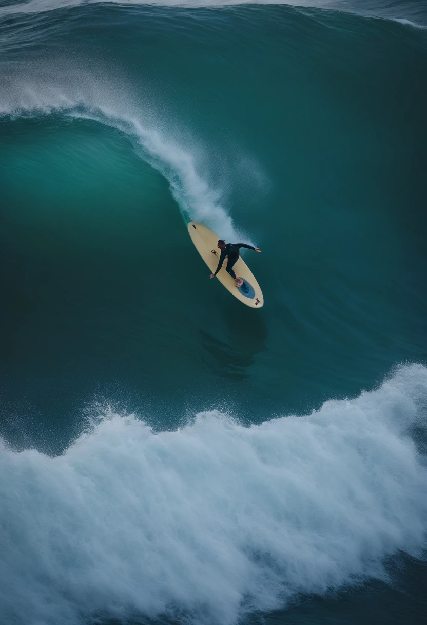A surfer balancing on their surfboard as they ride a wave, captured from above, providing a unique perspective of the board and the swirling water below.