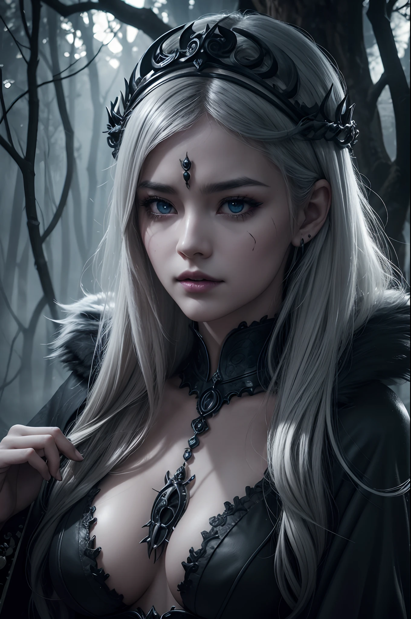 8K,(((Goddess of Death in the Underworld))), Fangs visible from the mouth,Trees and leaves on the body、Gray cracked skin、Banya、Devil's Eye、natural skin textures、Natural fur texture、24mm、4K texture、Soft Cinematigraphs、Adobe Lightroom、PhotoLab、HDR、Convoluted、elegent、ighly detailed、foco nítido、(((((Cinematic Look)))))、Calm tones、Insane details、intricate detailes、The ultra-detailliert、Low contrast、Soft Cinematic Lights、dim colors、exposure blend、HDR、Faded、Evil mouth、seductiv、超A high resolution、A purple magic circle glowing behind you、Big plump breasts、Vertically split eyes、