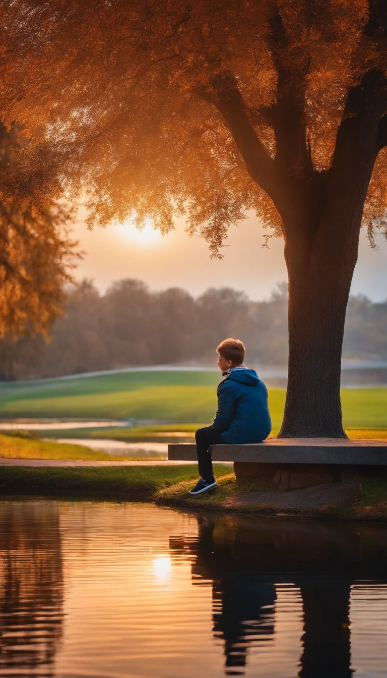A boy in a gray-blue jacket sits by a campus lake,A tree in the back looks at the beautiful colorful sparkling sky