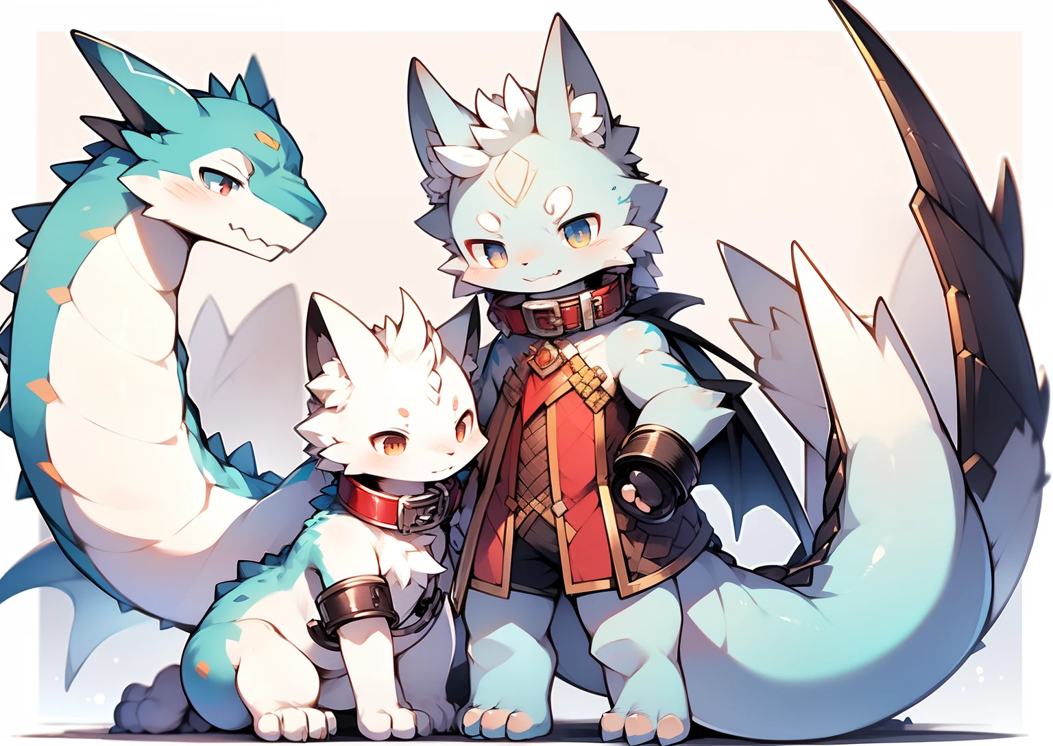 furry kemono white and blue fluffy dragon, short stature, wearing a red collar black shackles, have 2 white dragon wing, short nose, fluffy long tail that is like dolphin tail, pixiv, NijiJourney, front view