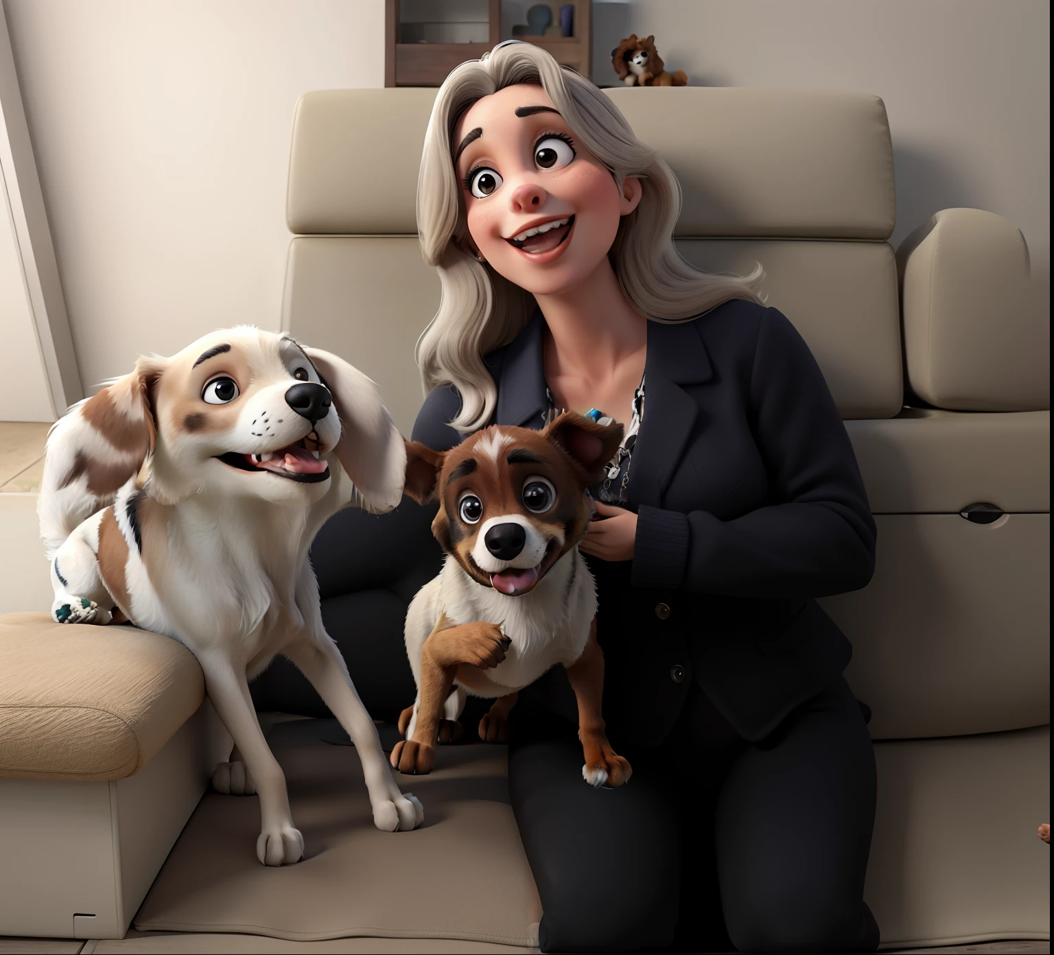 Mulher loira com dois CACHORROS PEQUENOS NO COLO E UM CACHORRO GRANDE BRANCO AO LADO