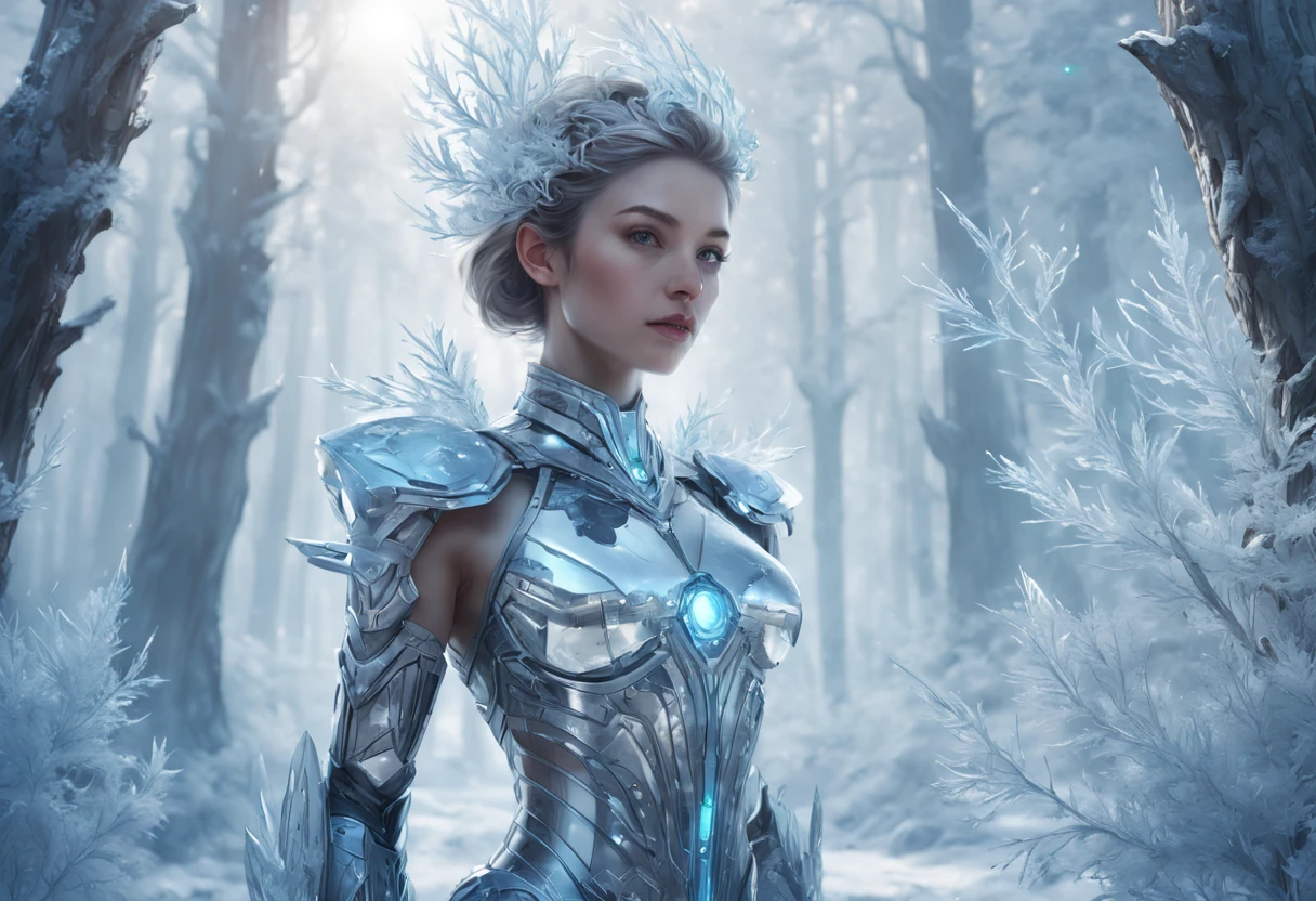 Futuristic transparent mechanical girl standing in a snowy forest, Arte conceitual de inverno, Snow and ice forest，Each branch is covered with sparkling ice crystals，They resemble countless diamonds，Shine brightly，The branches of the trees seem to be embedded in the snow and ice，A forest of ice and snow was formed，Ice Mage, 4K fantasy art, 4K detailed digital art, ·, 4k highly detailed digital art, artgerm detailed, Ice crystal armor，dyna，lute，hdr，hyperrealistic fantasy art，Epic digital fantasy art style，Beautiful sci-fi art, Science-fi digital art illustration,science fiction digital painting, futuristic digital painting, futuristic concept art, In front of a landscape of snow-capped sci-fi pine trees and ice flowers, science fiction digital art, Fantastic transparent ethereal girl