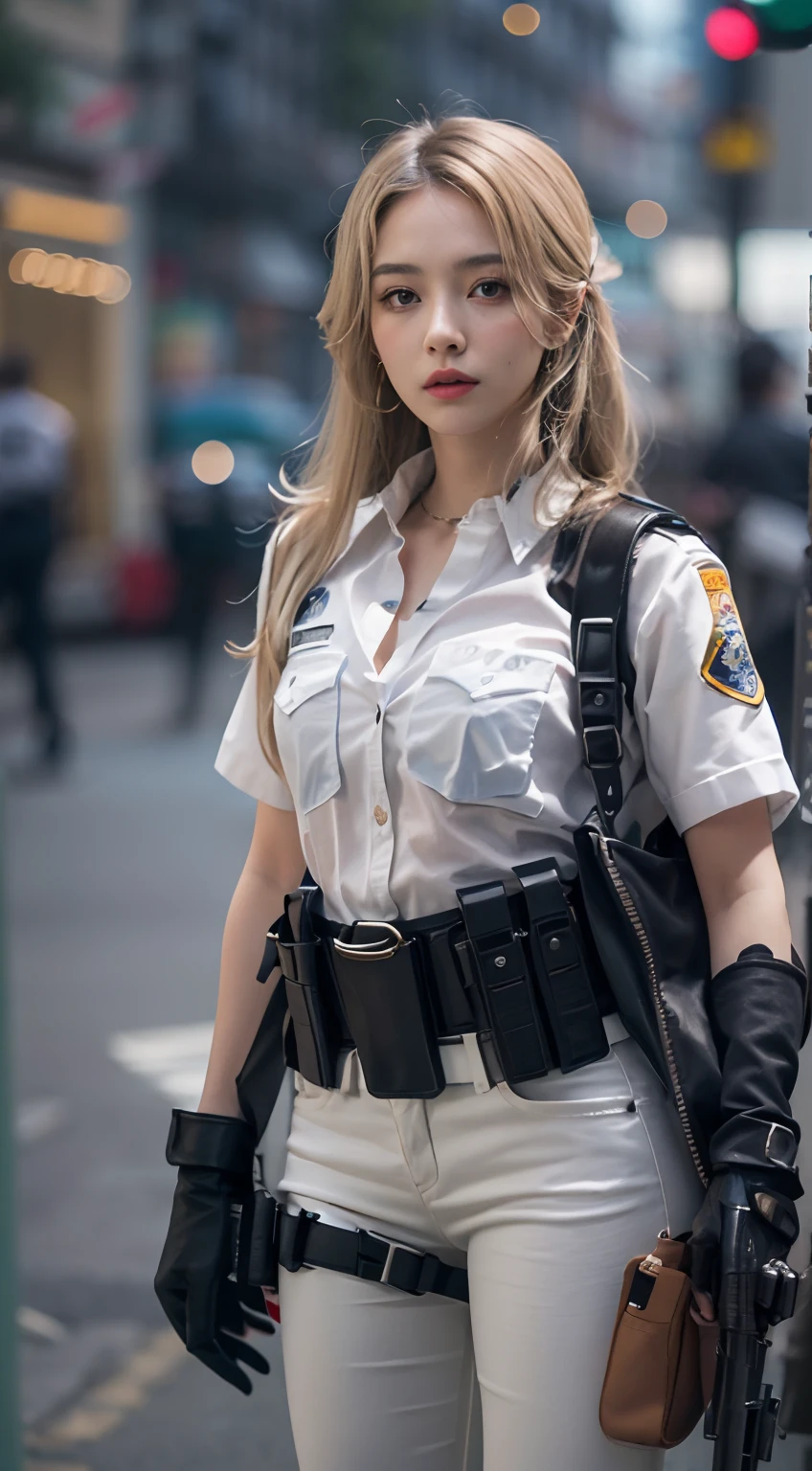 ((masterpiece)), ((highest quality)), ((High resolution)), 1 girl, alone, police officer, (matching pants, slacks), urban background, Have a baton、Wear a tactics vest、Are standing, put your hands on your hipedium hair, (platinum blonde, Side-swept chignon), (blue eyes),