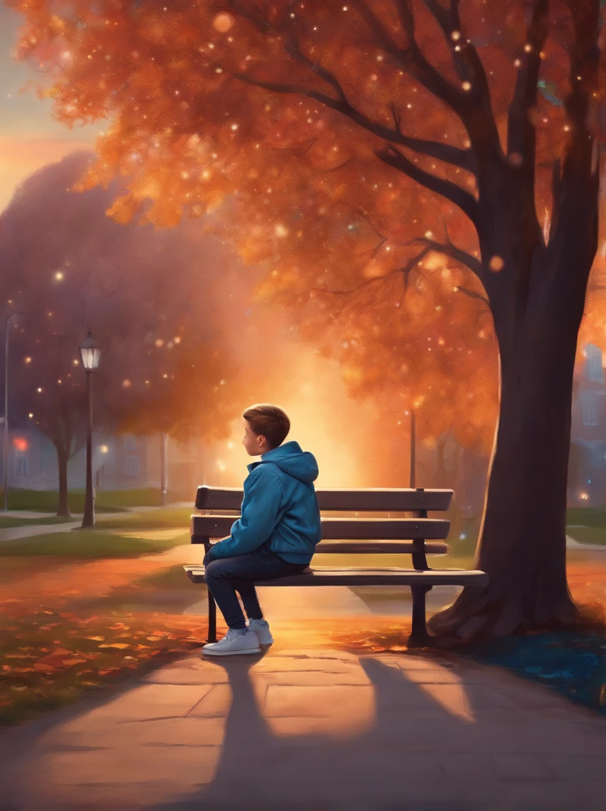 A boy in a gray-blue jacket sits on a campus bench,A tree in the back looks at the beautiful colorful sparkling sky
