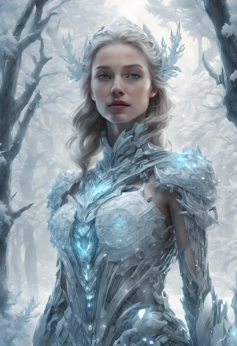 Futuristic transparent mechanical girl standing in a snowy forest, Arte conceitual de inverno, Snow and ice forest,Each branch is covered with sparkling ice crystals,They resemble countless diamonds,Shine brightly,The branches of the trees seem to be embedded in the snow and ice,A forest of ice and snow was formed,Ice Mage, 4K fantasy art, 4K detailed digital art, ·, 4k highly detailed digital art, artgerm detailed, Ice crystal armor,dyna,lute,hdr,hyperrealistic fantasy art,Epic digital fantasy art style,Beautiful sci-fi art, Science-fi digital art illustration,science fiction digital painting, futuristic digital painting, futuristic concept art, In front of a landscape of snow-capped sci-fi pine trees and ice flowers, science fiction digital art, Fantastic transparent ethereal girl
