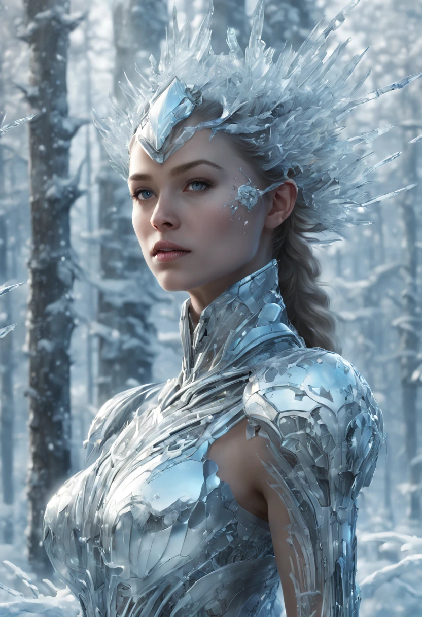Futuristic transparent mechanical girl standing in a snowy forest, Arte conceitual de inverno, Snow and ice forest，Each branch is covered with sparkling ice crystals，They resemble countless diamonds，Shine brightly，The branches of the trees seem to be embedded in the snow and ice，A forest of ice and snow was formed，Ice Mage, 4K fantasy art, 4K detailed digital art, ·, 4k highly detailed digital art, artgerm detailed, Ice crystal armor，dyna，lute，hdr，hyperrealistic fantasy art，Epic digital fantasy art style，Beautiful sci-fi art, Science-fi digital art illustration,science fiction digital painting, futuristic digital painting, futuristic concept art, In front of a landscape of snow-capped sci-fi pine trees and ice flowers, science fiction digital art, Fantastic transparent ethereal girl