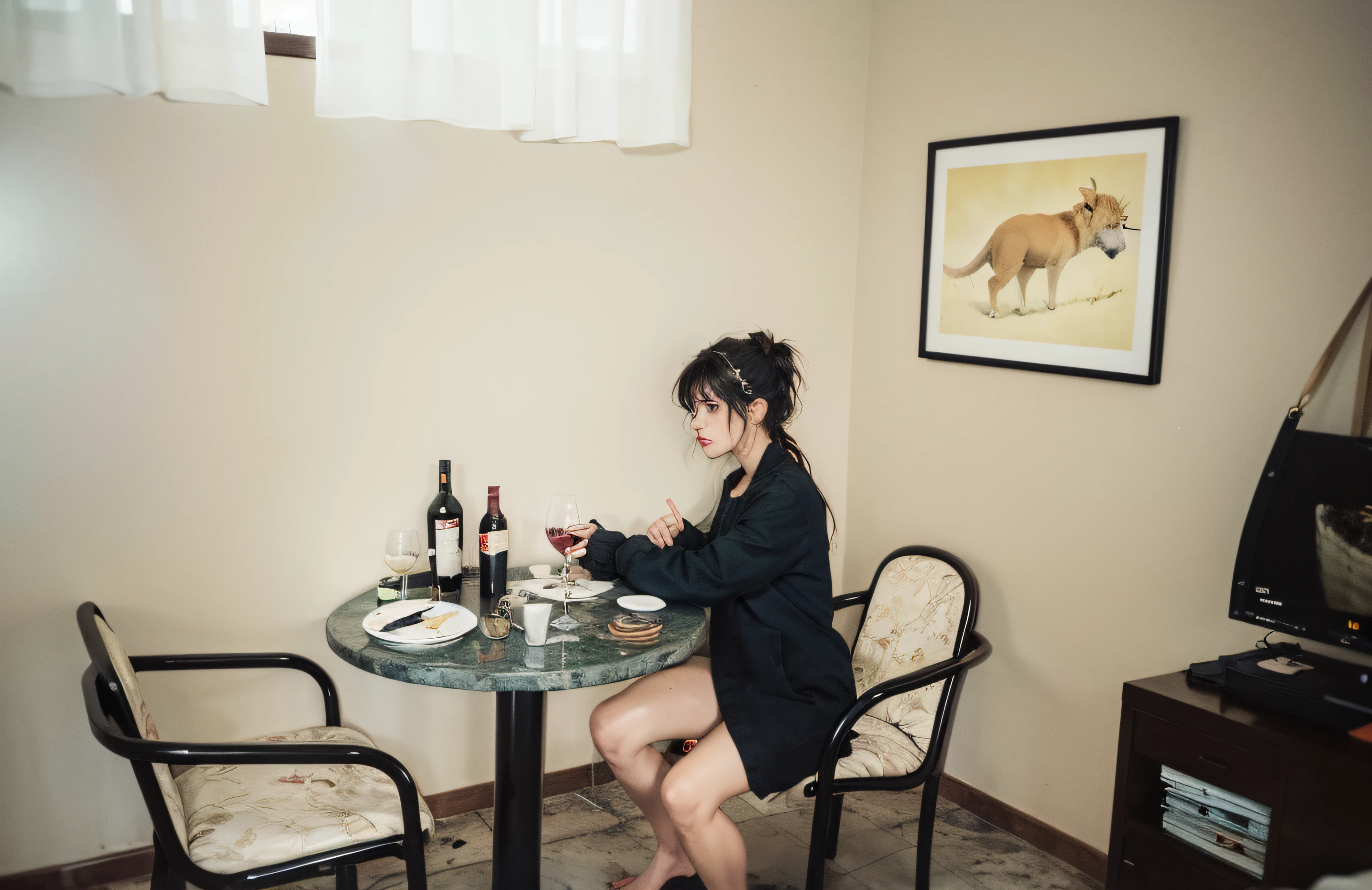 There's a woman sitting at the table with a bottle of wine, Em Estilo de Nan Goldin, no estilo de juergen teller, inspirado por Nan Goldin, em uma mesa de jantar, Directed by: Caro Niederer, inspirado em Elsa Bleda, Tomado com uma Pentax K1000, tomado com um pentax1000