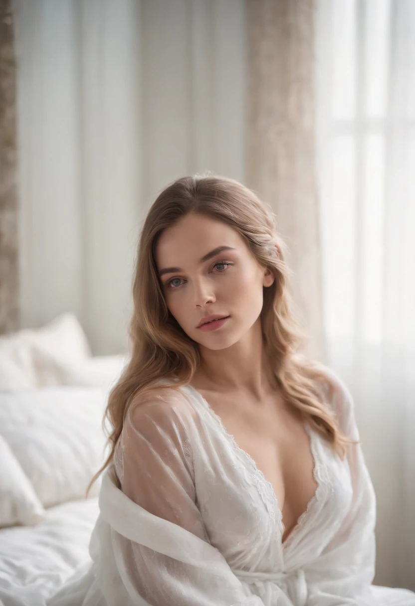 Mujer joven y sexy, cabello largo rubio, Acostado en la cama, cabello recogido, with a half-transparent white robe, Retrato suave disparado 8K, 8k sensual lighting, realistic soft lighting, Piel lisa y rosada, Fotorrealismo 8K