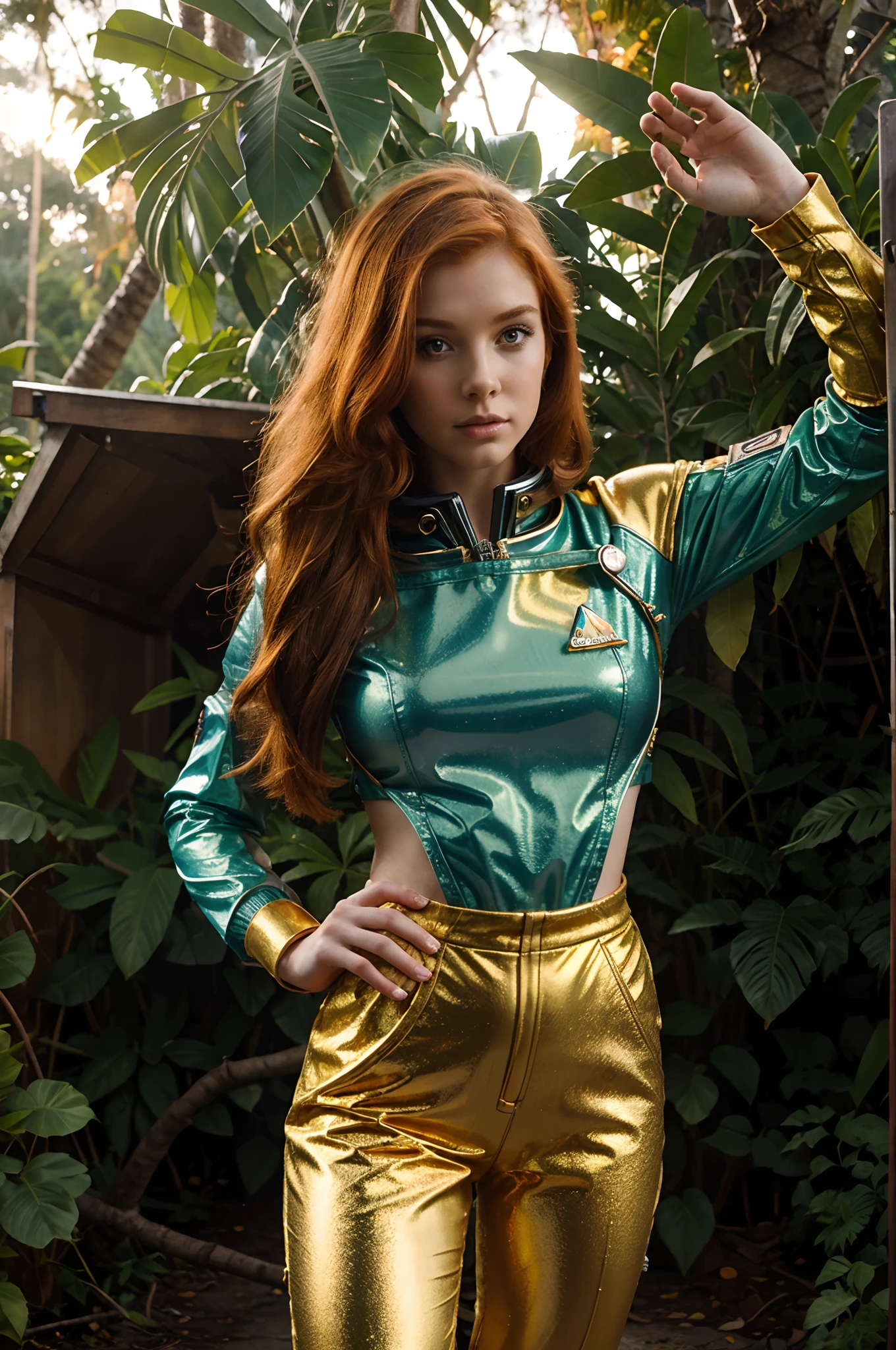 young woman space cadet, ginger hair, mid shot, very beautiful, dramatic pose, colorful clouds, detailed golden space suit, standing in tropical forest, sunset, peaceful atmosphere, vibrant, colorful