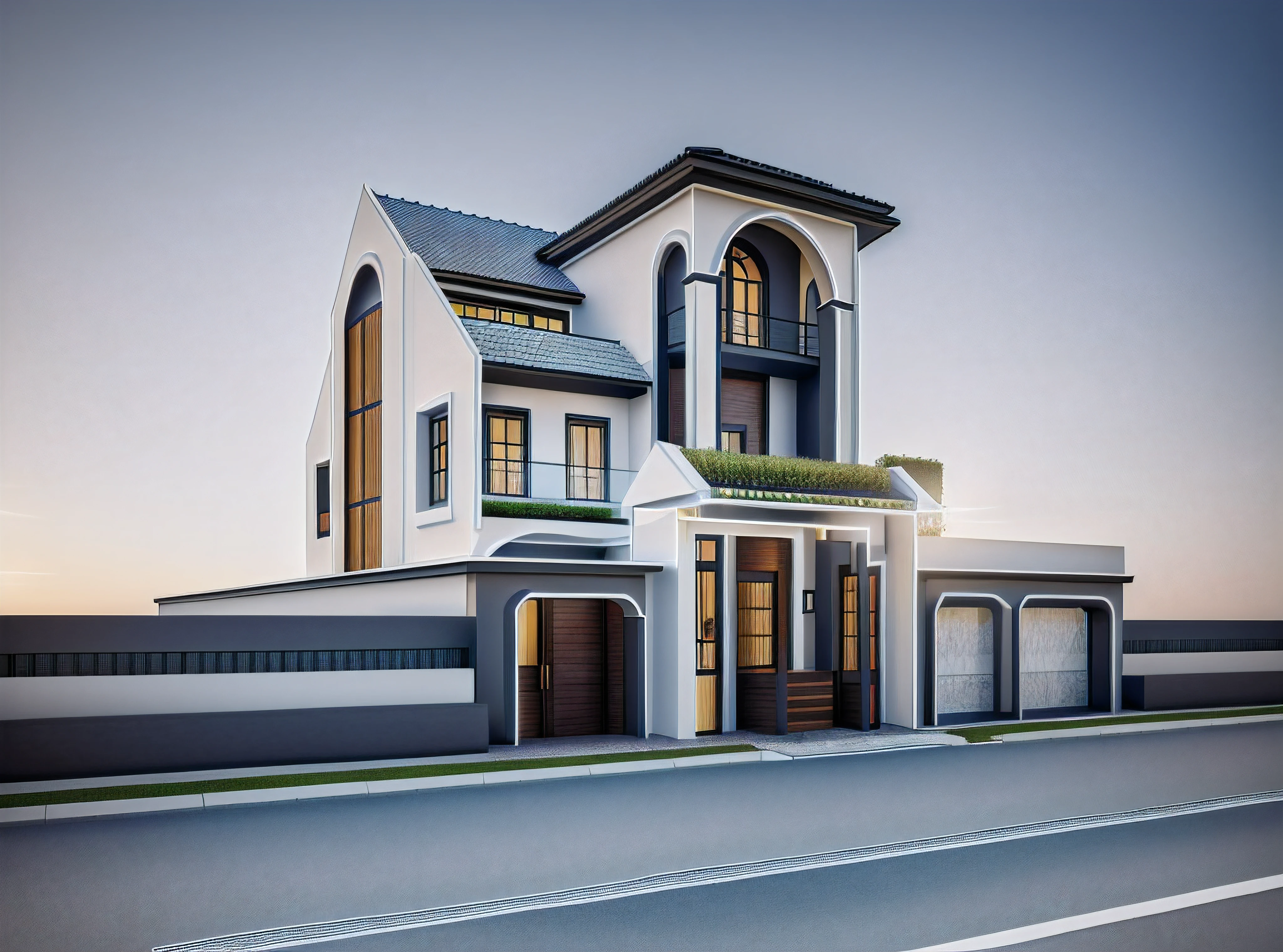 ((masterpiece, best quality, real, best quality, masterpiece:1.2), look morden minimalist, 1 road in front of the house, shime ring light, light brighteness from indoor:1.2, dynamic lighting:1.3, (hyper realistic, photo-realistic:1.2), high quality, (dark lighting:1.2), perfect lighting, archdaily, 8k, modern architecture, photorealism, ultra-detailed photo, 1 morden house, main material by white wall and hard stone, large yard, 1 road runs in front of the house, Blue sky