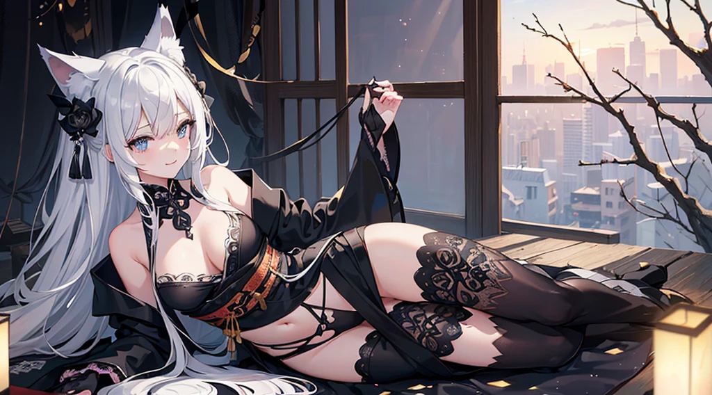 (extremely detailed CG unity 8k wallpaper), (((ultra-detailed))), ((extremely detailed)), (((best illustration))), best illumination, ((extremely delicate and beautiful)), ((an extremely delicate and beautiful girl)), sunset, Tokyo, modern city, ((1 girl, solo)), {{finely detailed beautiful eyes and detailed face}}, smug expression, smile, long hair, (((black hair))), blue eyes, beautiful detailed eyes, bad girl, slender, medium breast, black white wolf ears, (black white wolf tail), (((intricate details))), (Black long kimono dress), short black boots, (((wolf mark on middle right thigh))), sitting, bishoujo, 16_years_old,
