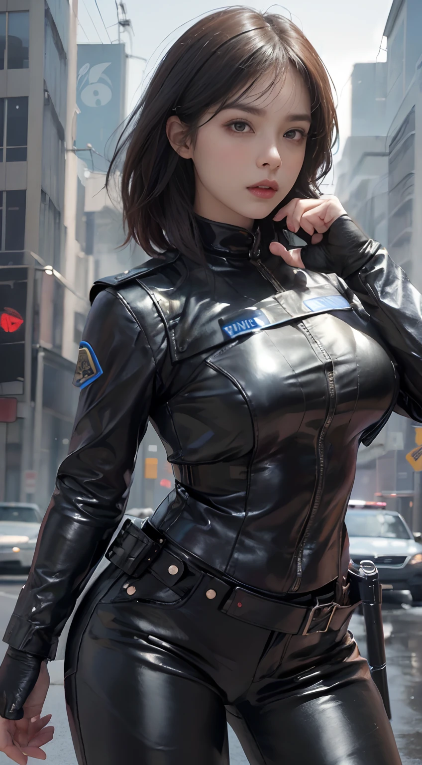 (Highest image quality, outstanding details, ultra-high resolution), 1 girl, suit((futuristic military outfit, suit inspired by legionarie of roman empire, military harness, military gears such as pouches)), (glamour body:1.2, buffed and muscular body, a bit chubby:0.5, plump lower body), background military base, bright smile with pleasure and excitement, dynamic pose, dramatic lighting,